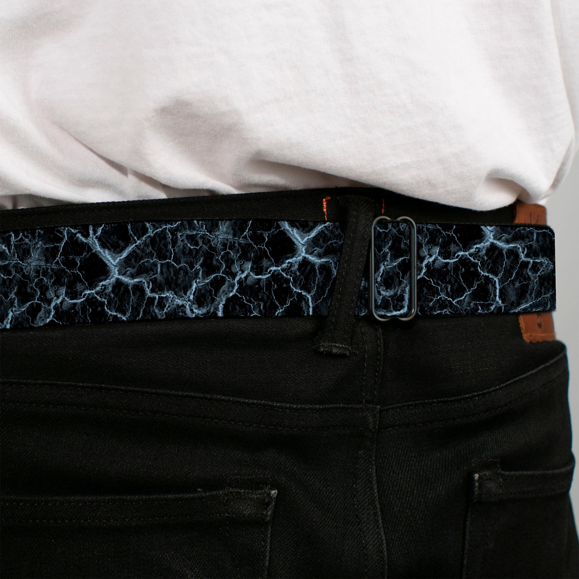 BD Wings Logo CLOSE-UP Black/Silver Seatbelt Belt - Marble Black/Baby Blue Webbing Seatbelt Belts Buckle-Down