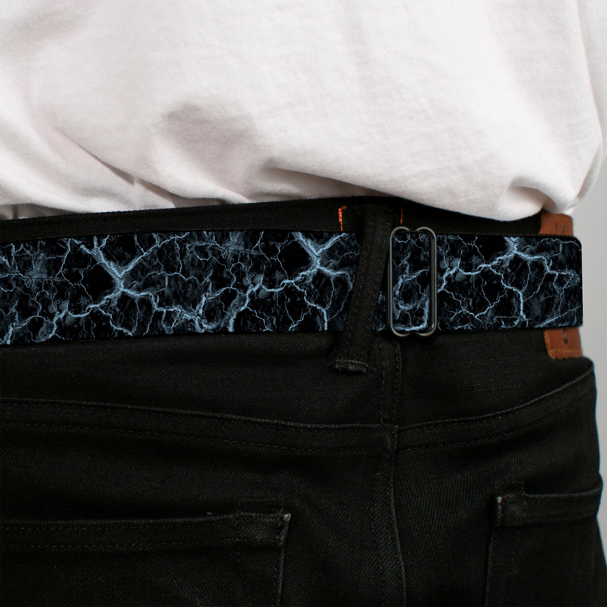 BD Wings Logo CLOSE-UP Black/Silver Seatbelt Belt - Marble Black/Baby Blue Webbing Seatbelt Belts Buckle-Down