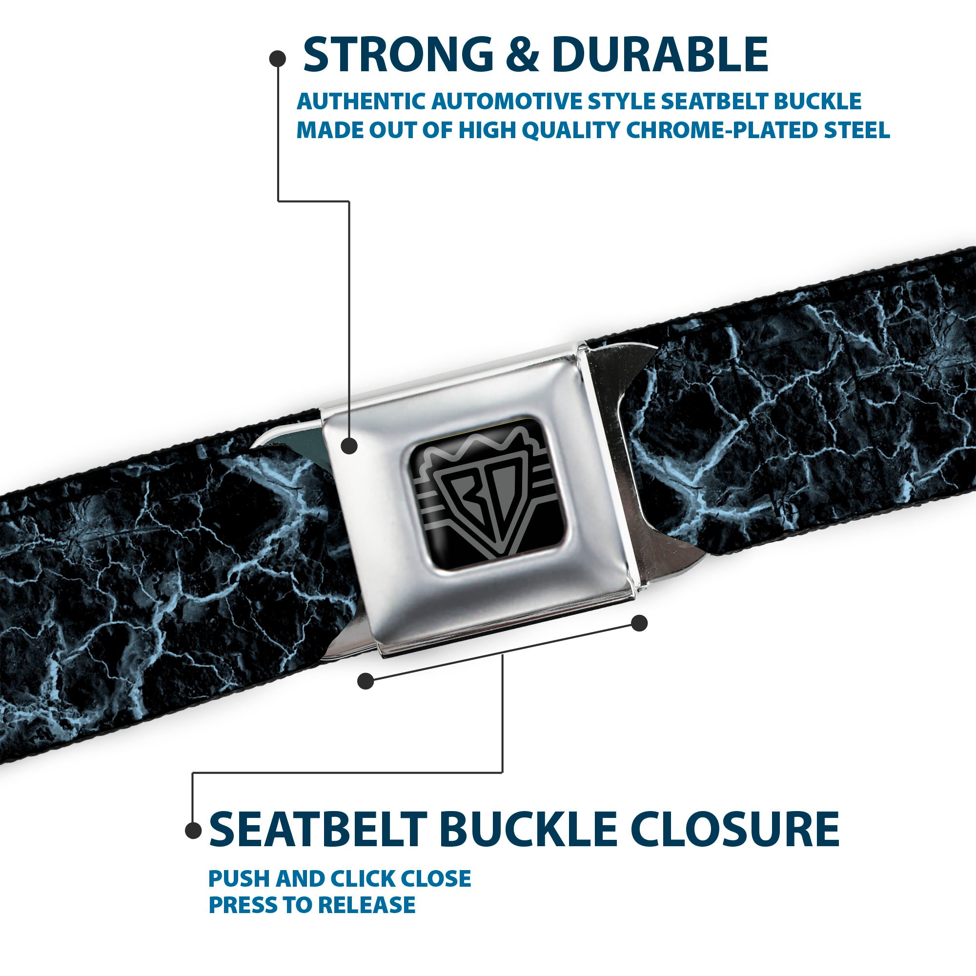 BD Wings Logo CLOSE-UP Black/Silver Seatbelt Belt - Marble Black/Baby Blue Webbing Seatbelt Belts Buckle-Down