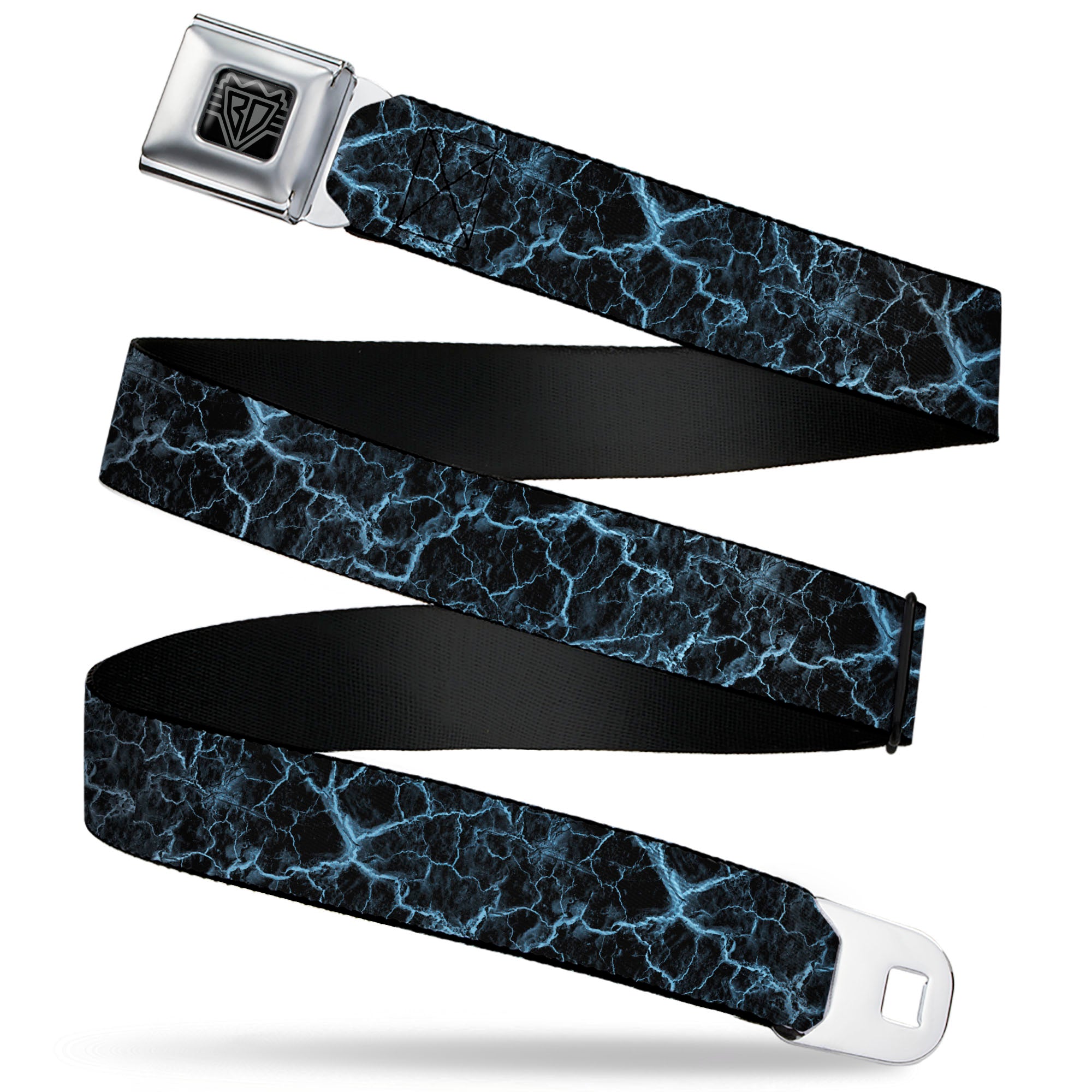 BD Wings Logo CLOSE-UP Black/Silver Seatbelt Belt - Marble Black/Baby Blue Webbing Seatbelt Belts Buckle-Down