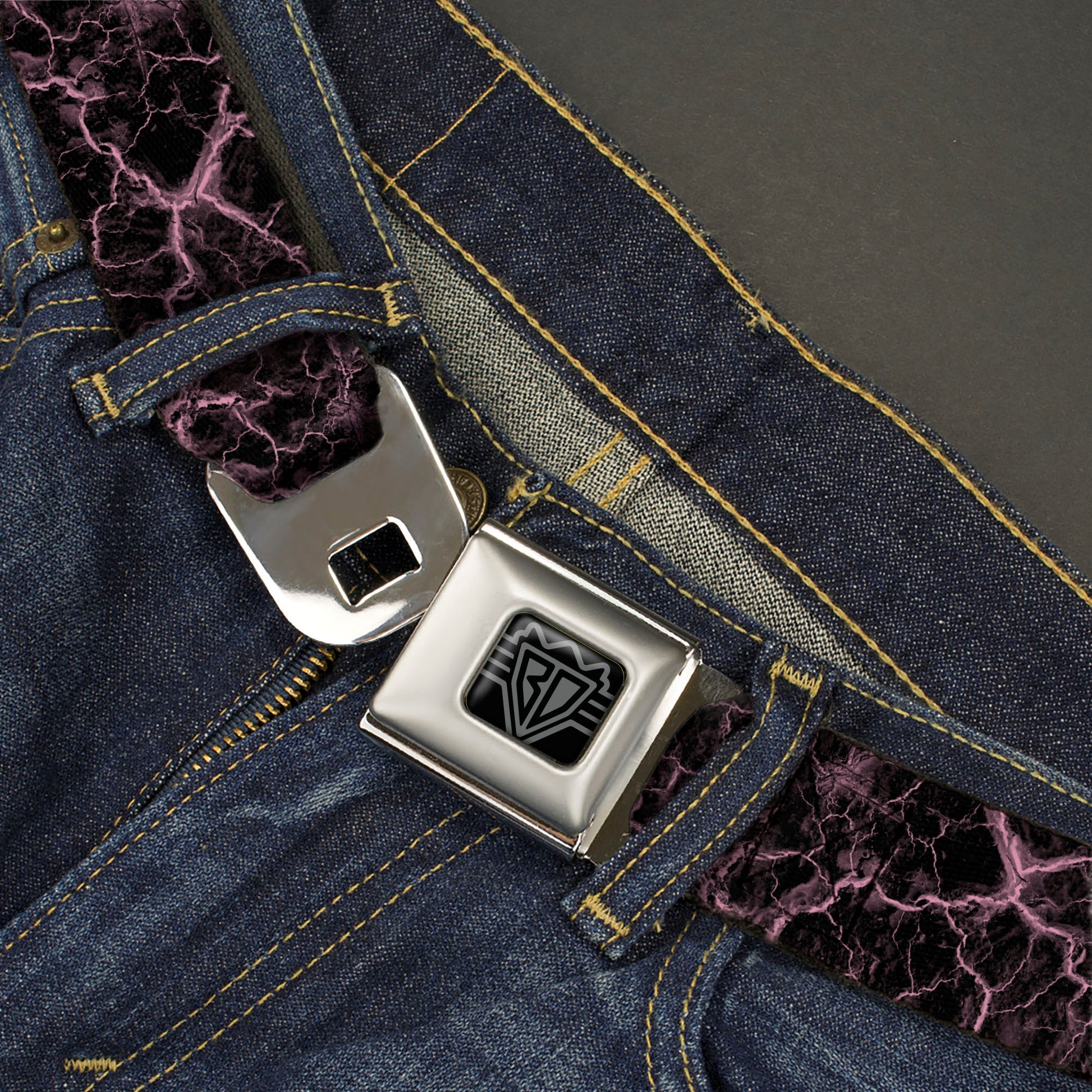 BD Wings Logo CLOSE-UP Black/Silver Seatbelt Belt - Marble Black/Baby Pink Webbing Seatbelt Belts Buckle-Down