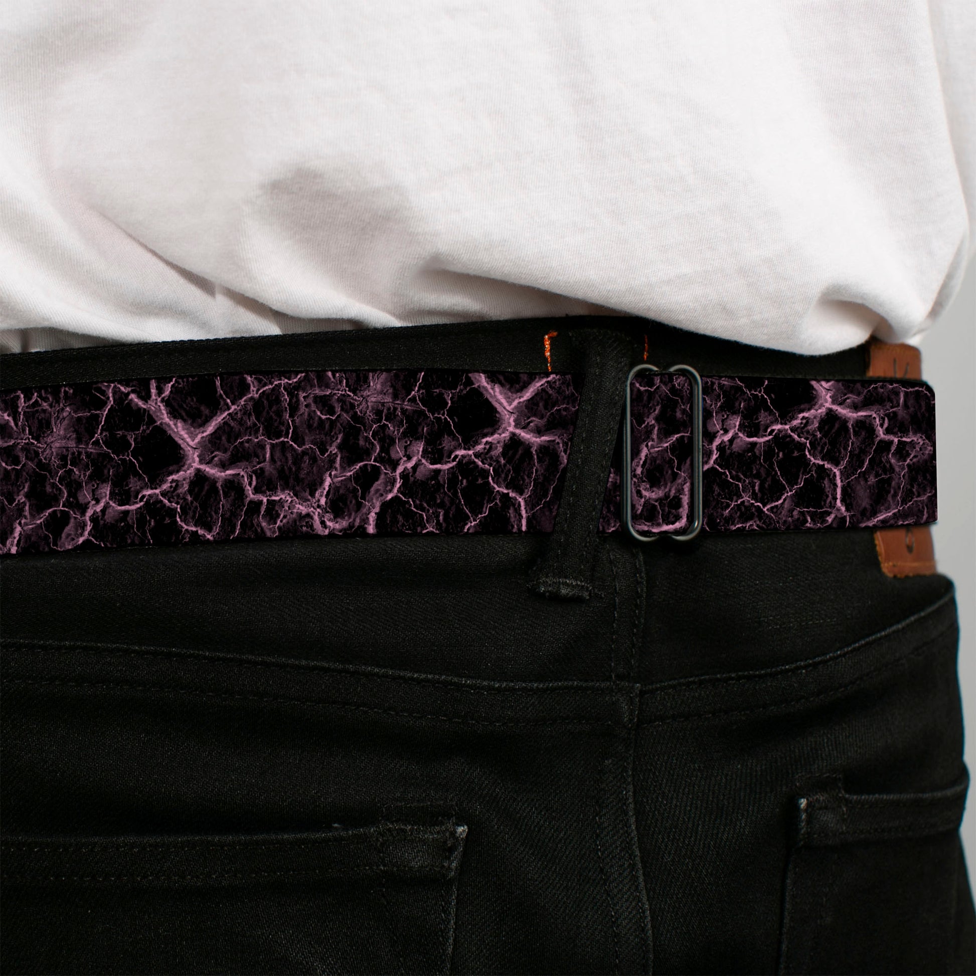 BD Wings Logo CLOSE-UP Black/Silver Seatbelt Belt - Marble Black/Baby Pink Webbing Seatbelt Belts Buckle-Down