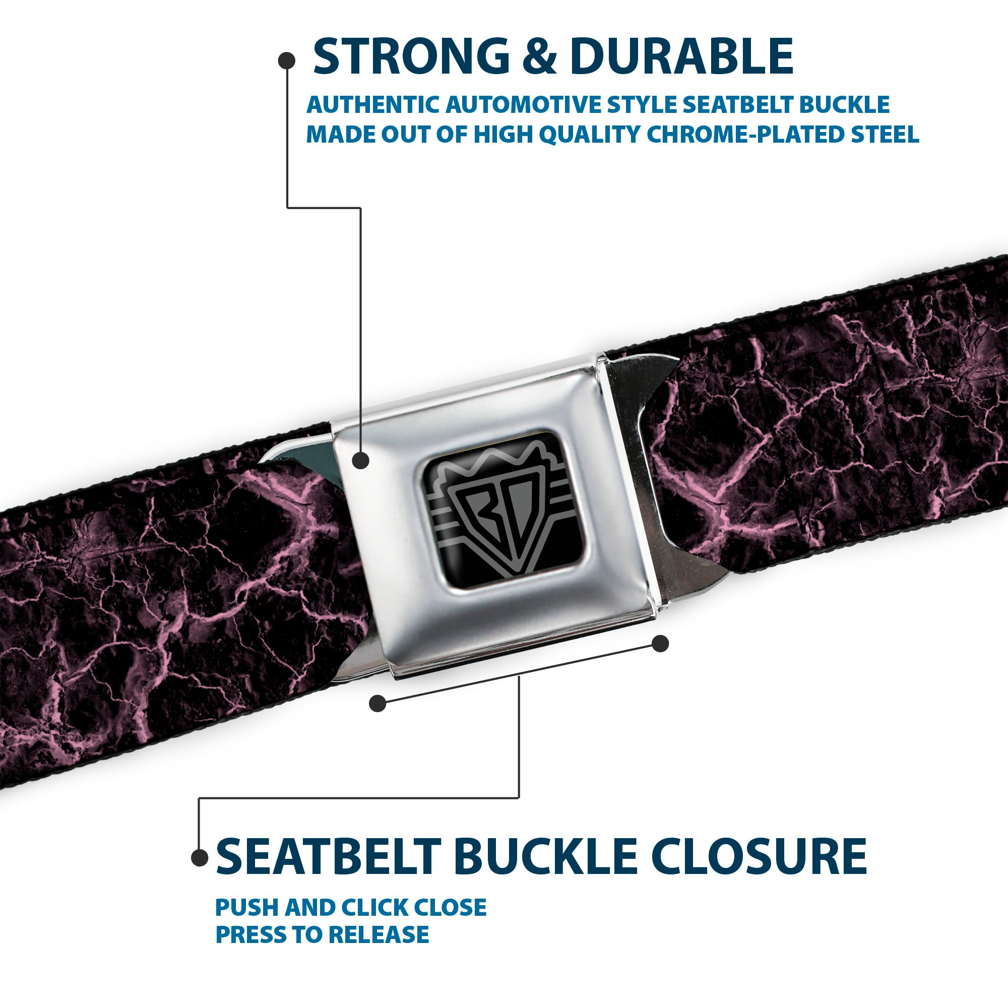 BD Wings Logo CLOSE-UP Black/Silver Seatbelt Belt - Marble Black/Baby Pink Webbing Seatbelt Belts Buckle-Down