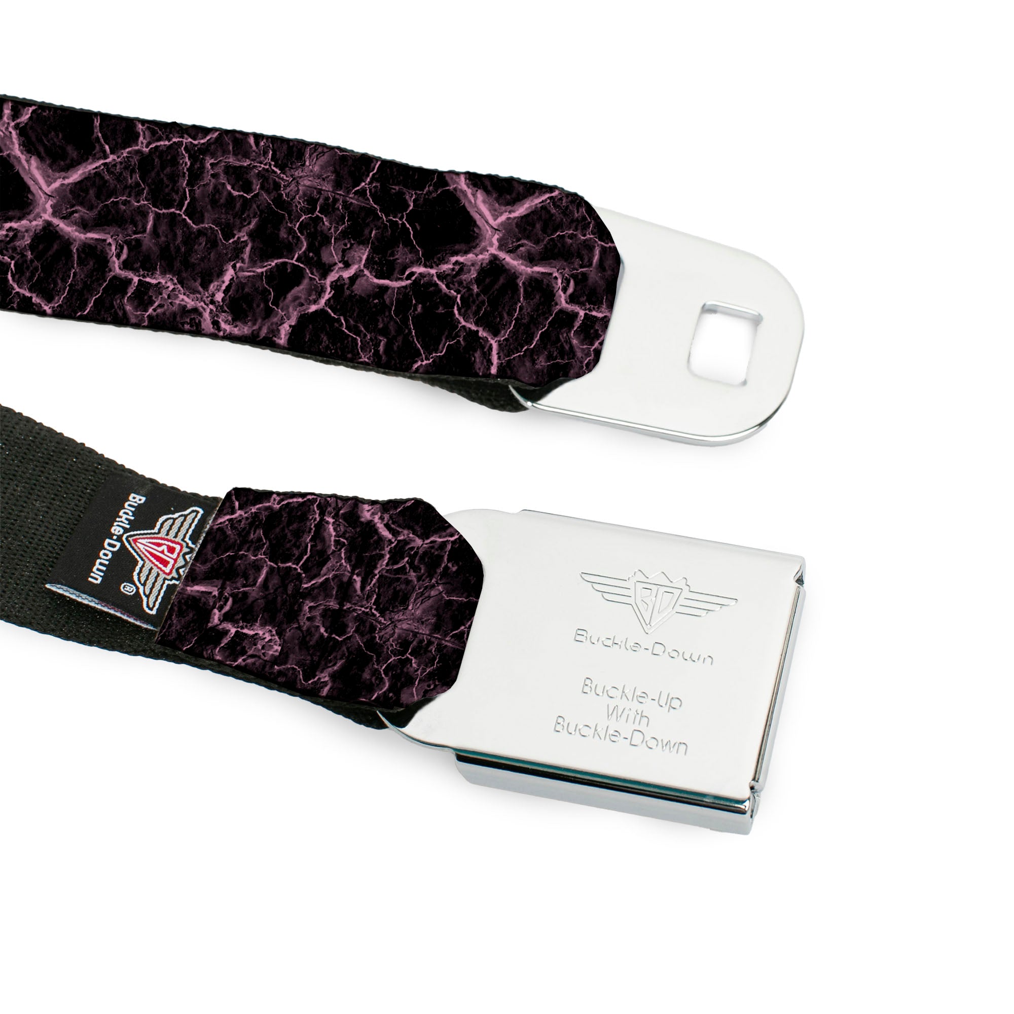BD Wings Logo CLOSE-UP Black/Silver Seatbelt Belt - Marble Black/Baby Pink Webbing Seatbelt Belts Buckle-Down
