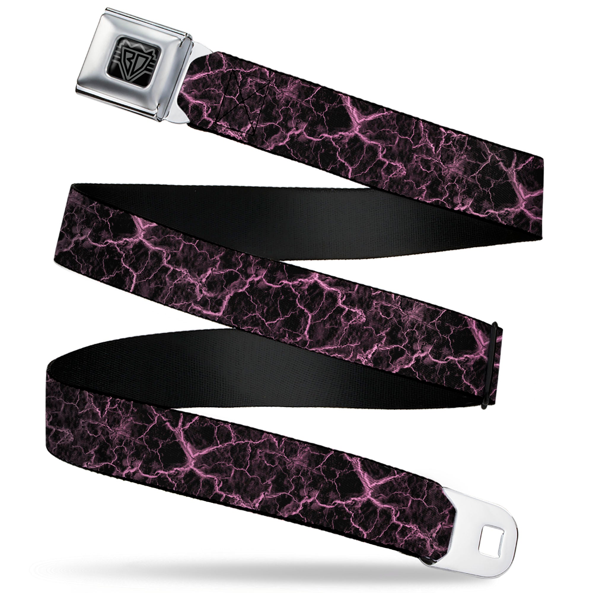 BD Wings Logo CLOSE-UP Black/Silver Seatbelt Belt - Marble Black/Baby Pink Webbing Seatbelt Belts Buckle-Down