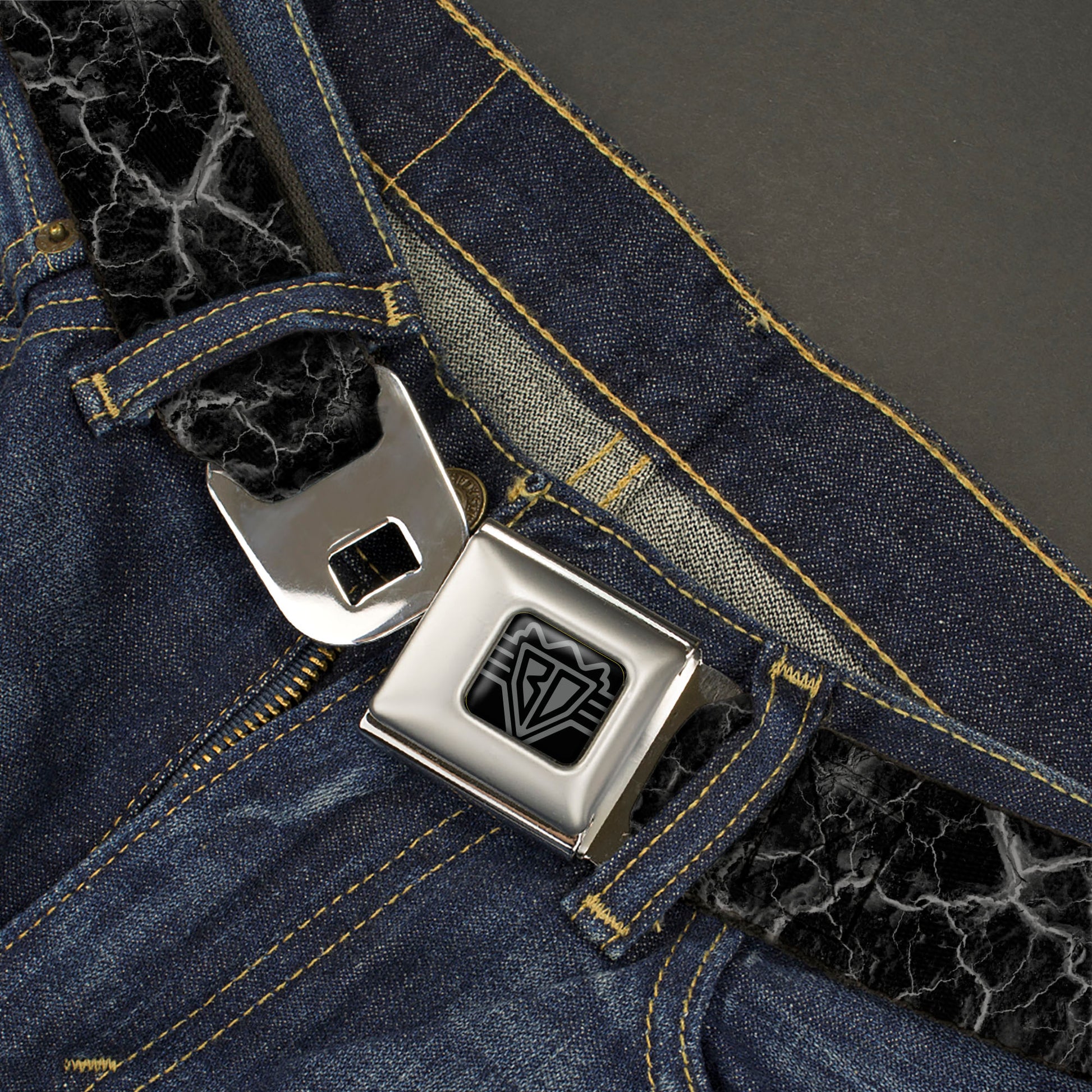 BD Wings Logo CLOSE-UP Black/Silver Seatbelt Belt - Marble Black/Charcoal Gray Webbing Seatbelt Belts Buckle-Down