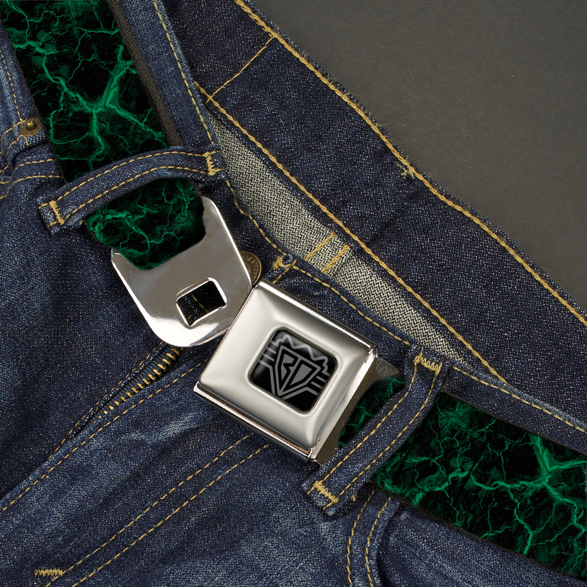 BD Wings Logo CLOSE-UP Black/Silver Seatbelt Belt - Marble Black/Green Webbing Seatbelt Belts Buckle-Down