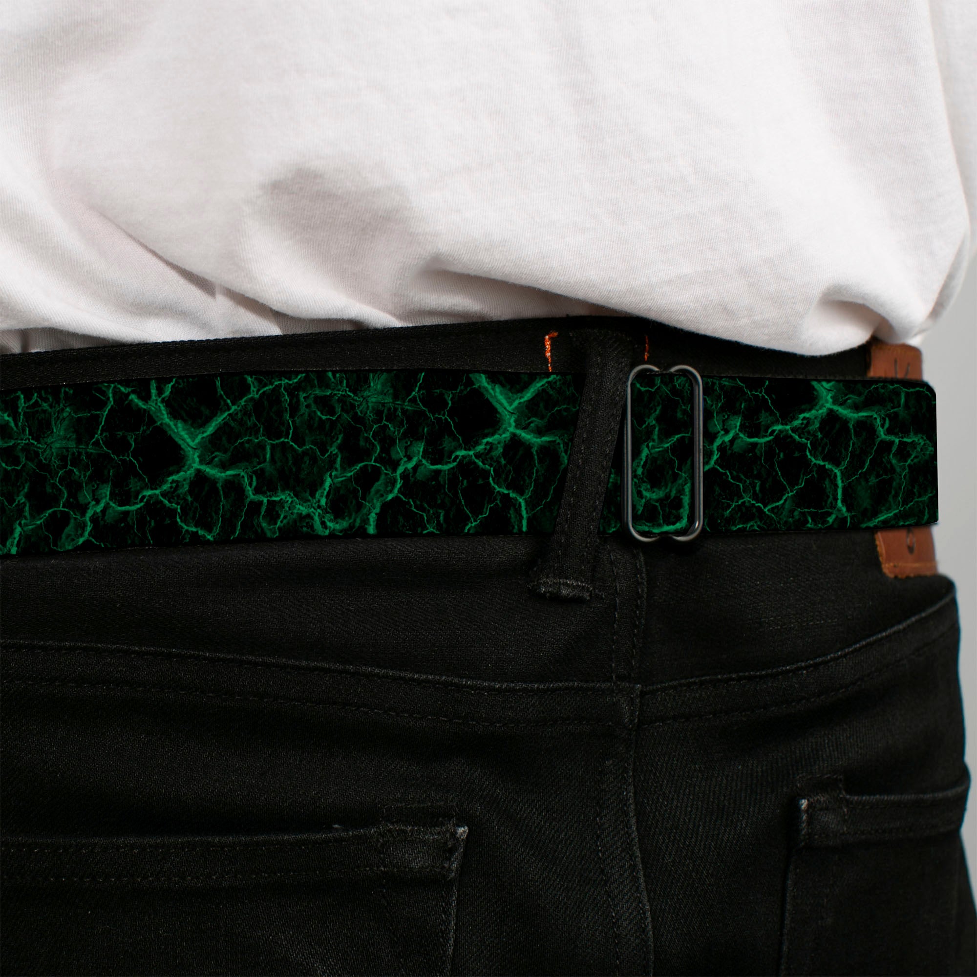 BD Wings Logo CLOSE-UP Black/Silver Seatbelt Belt - Marble Black/Green Webbing Seatbelt Belts Buckle-Down