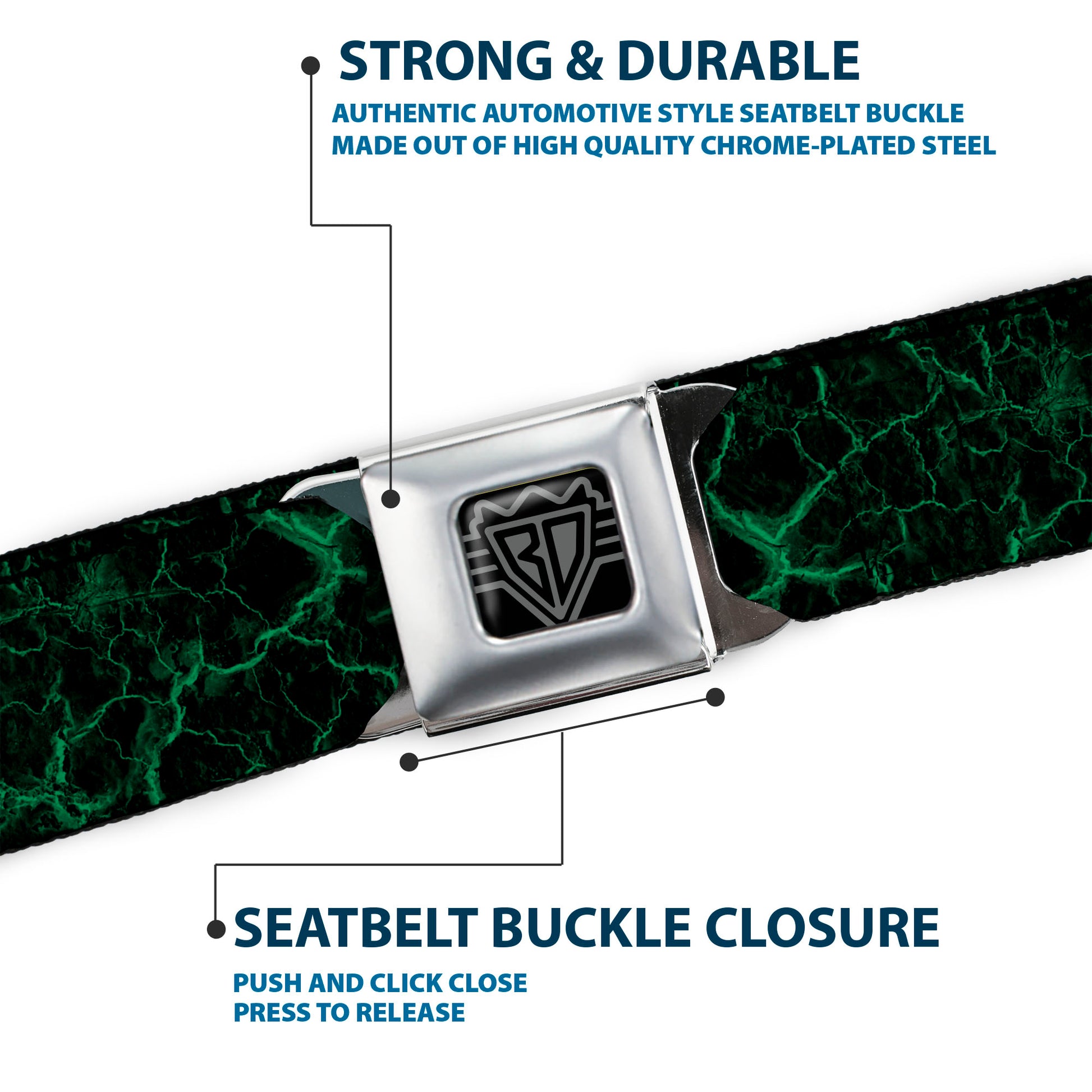 BD Wings Logo CLOSE-UP Black/Silver Seatbelt Belt - Marble Black/Green Webbing Seatbelt Belts Buckle-Down
