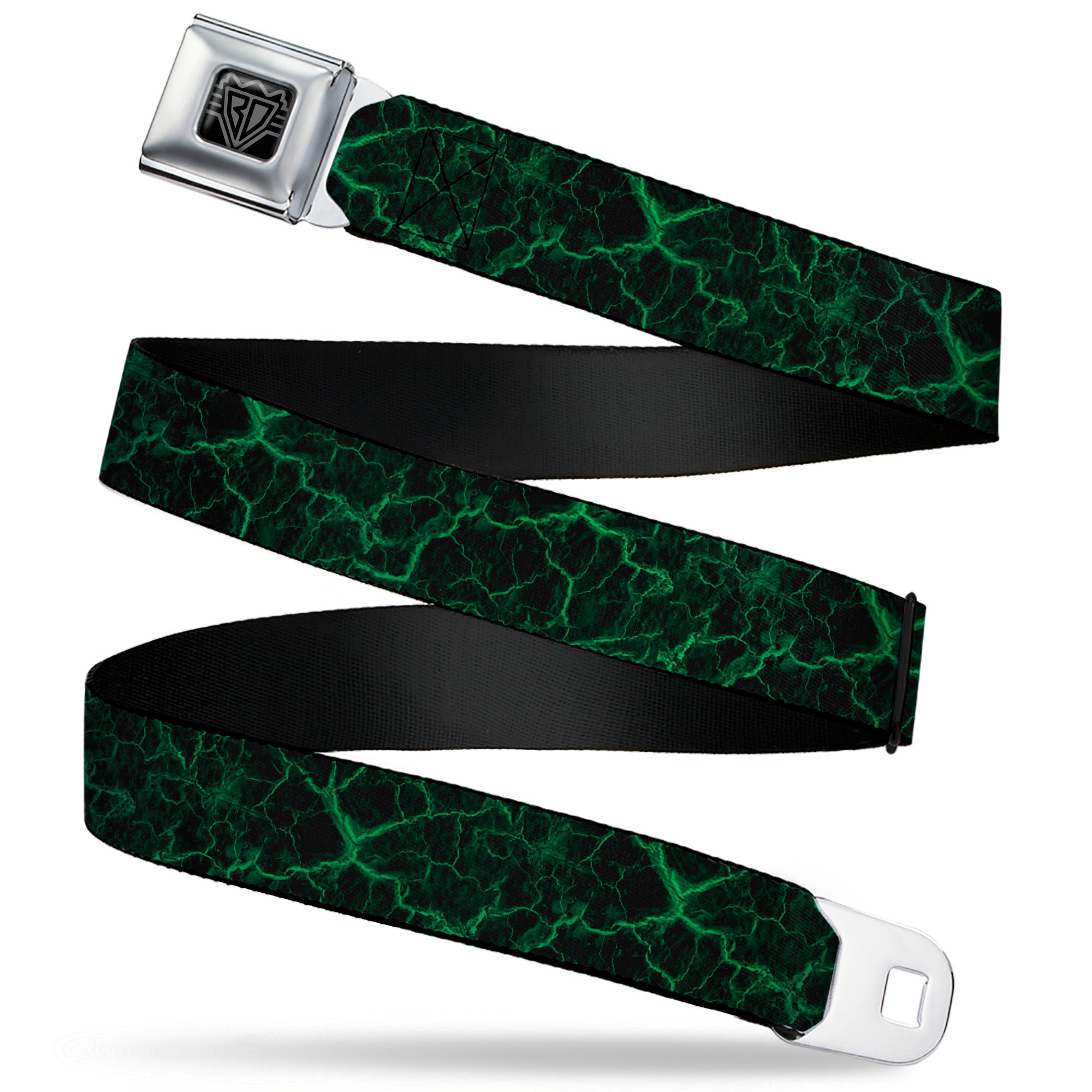 BD Wings Logo CLOSE-UP Black/Silver Seatbelt Belt - Marble Black/Green Webbing Seatbelt Belts Buckle-Down