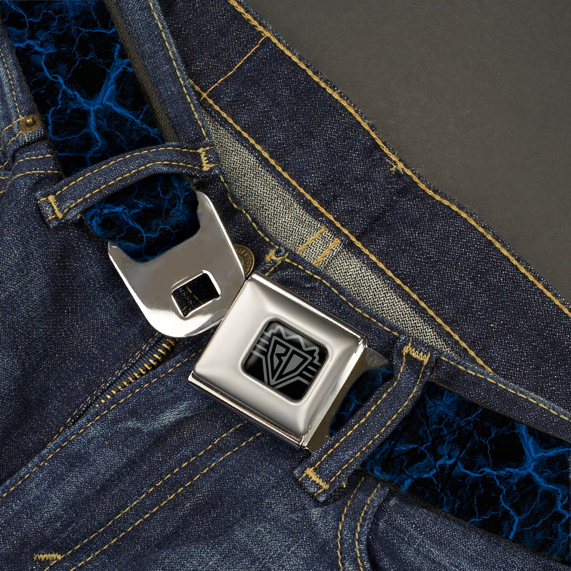BD Wings Logo CLOSE-UP Black/Silver Seatbelt Belt - Marble Black/Blue Webbing Seatbelt Belts Buckle-Down