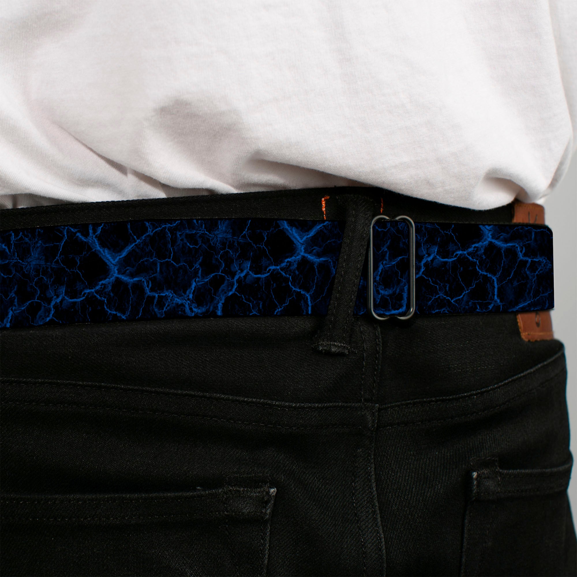 BD Wings Logo CLOSE-UP Black/Silver Seatbelt Belt - Marble Black/Blue Webbing Seatbelt Belts Buckle-Down
