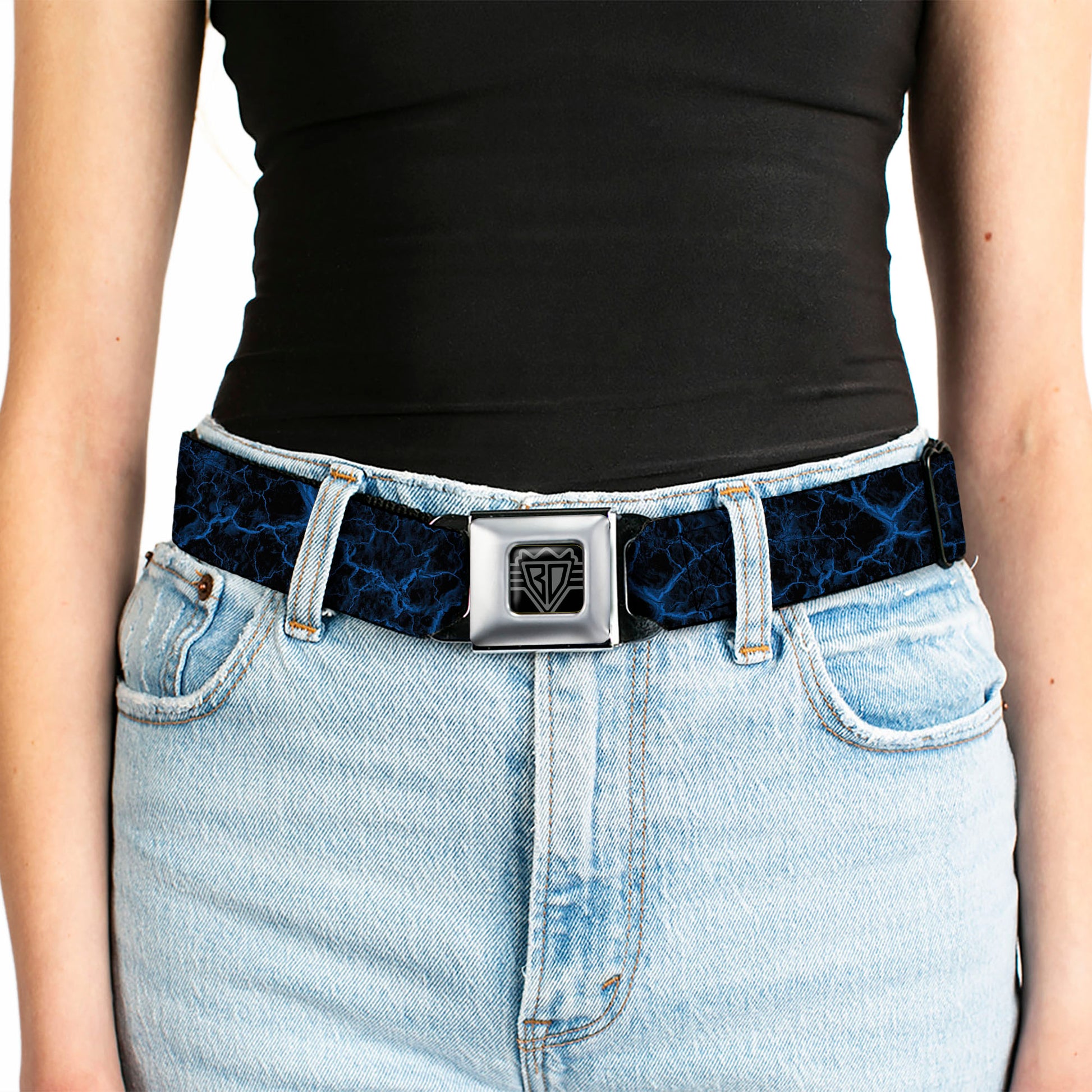 BD Wings Logo CLOSE-UP Black/Silver Seatbelt Belt - Marble Black/Blue Webbing Seatbelt Belts Buckle-Down