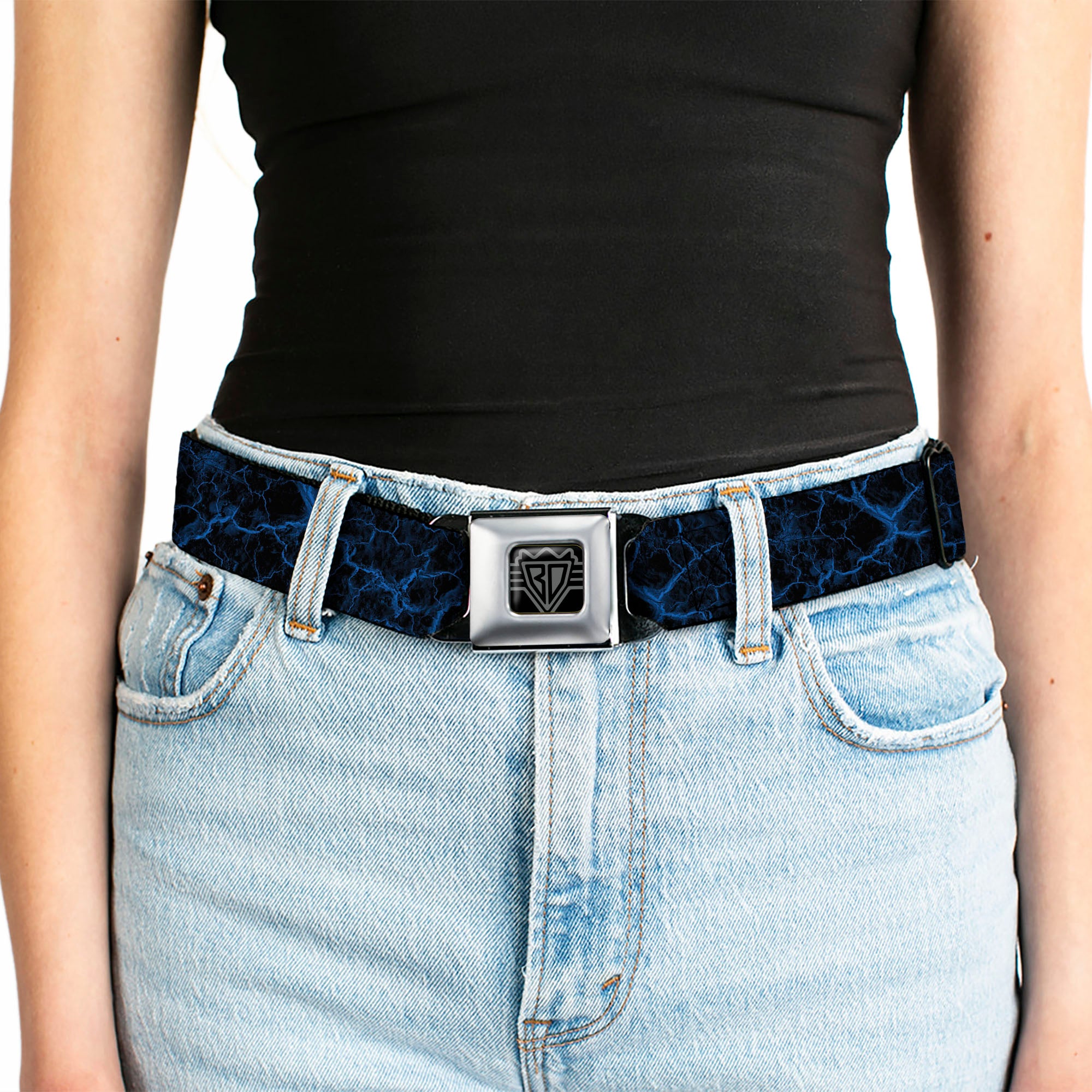 BD Wings Logo CLOSE-UP Black/Silver Seatbelt Belt - Marble Black/Blue Webbing Seatbelt Belts Buckle-Down