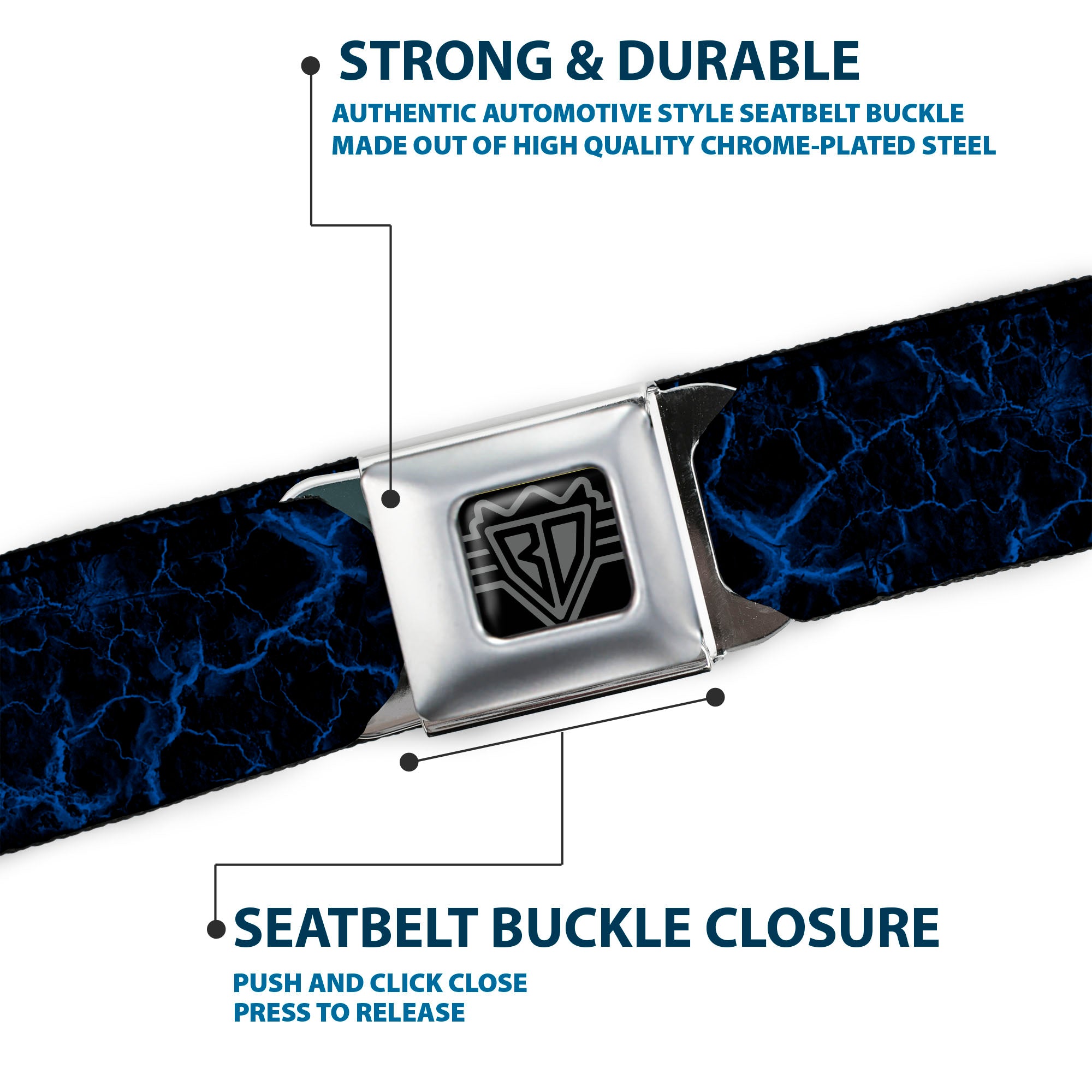 BD Wings Logo CLOSE-UP Black/Silver Seatbelt Belt - Marble Black/Blue Webbing Seatbelt Belts Buckle-Down