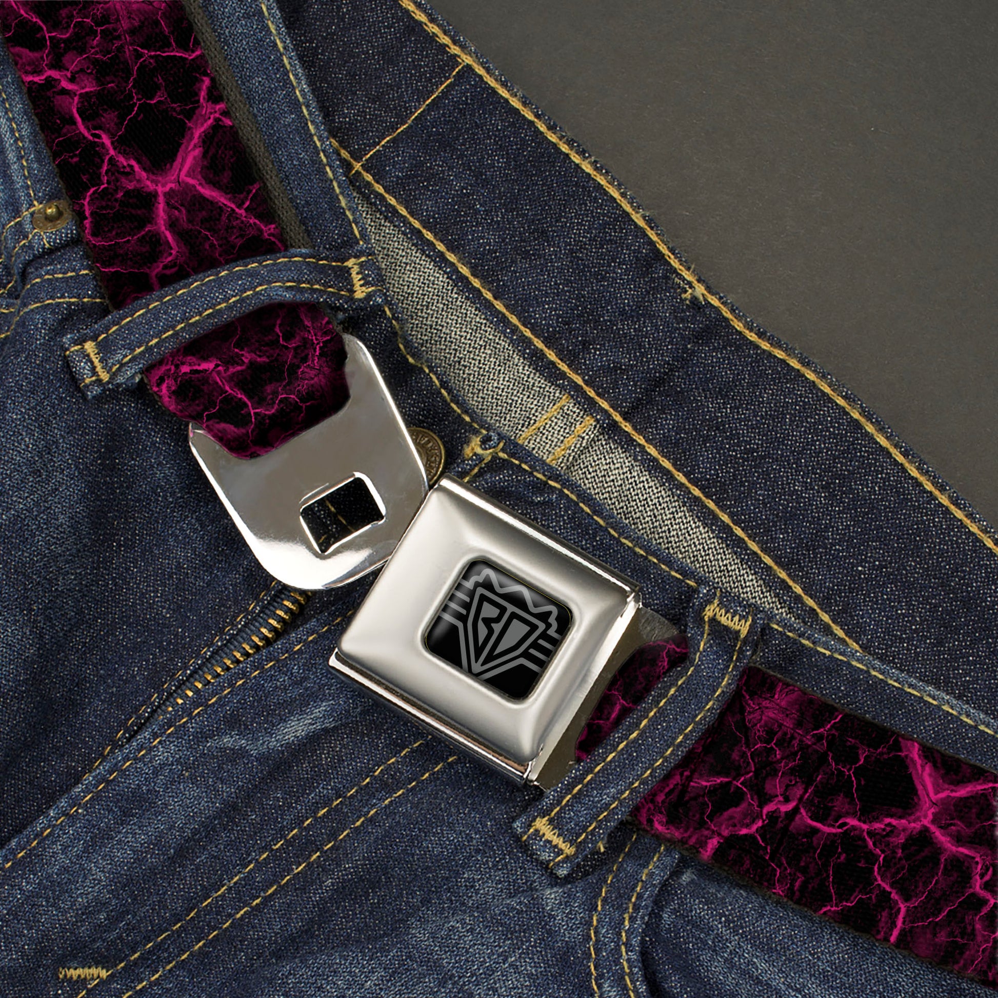 BD Wings Logo CLOSE-UP Black/Silver Seatbelt Belt - Marble Black/Hot Pink Webbing Seatbelt Belts Buckle-Down