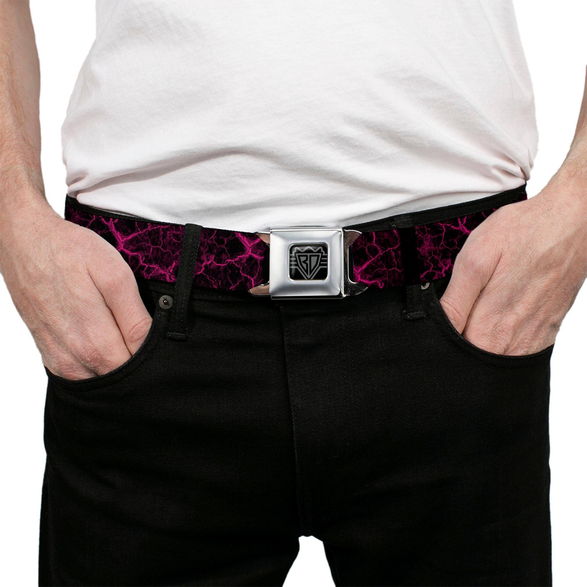 BD Wings Logo CLOSE-UP Black/Silver Seatbelt Belt - Marble Black/Hot Pink Webbing Seatbelt Belts Buckle-Down