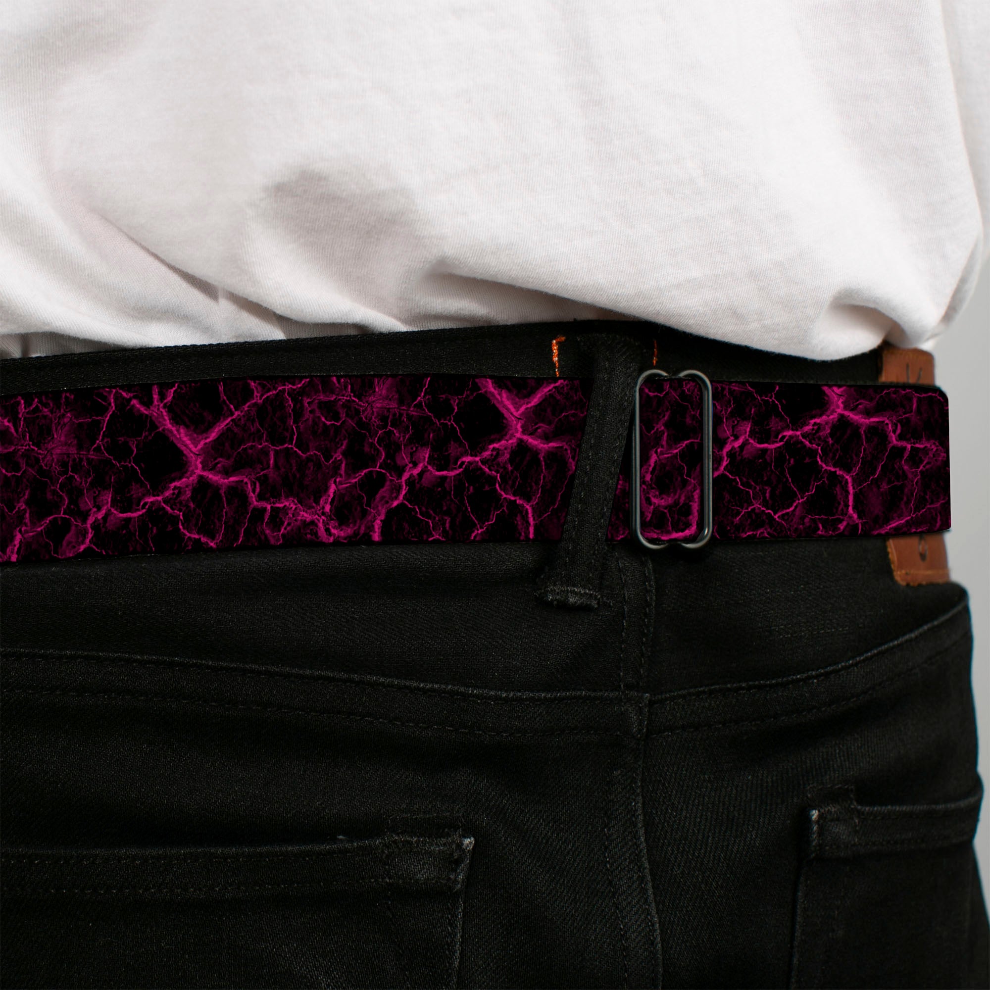 BD Wings Logo CLOSE-UP Black/Silver Seatbelt Belt - Marble Black/Hot Pink Webbing Seatbelt Belts Buckle-Down