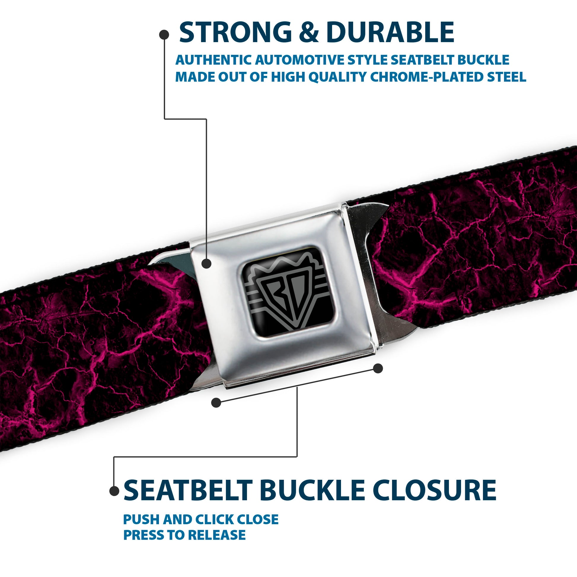 BD Wings Logo CLOSE-UP Black/Silver Seatbelt Belt - Marble Black/Hot Pink Webbing Seatbelt Belts Buckle-Down