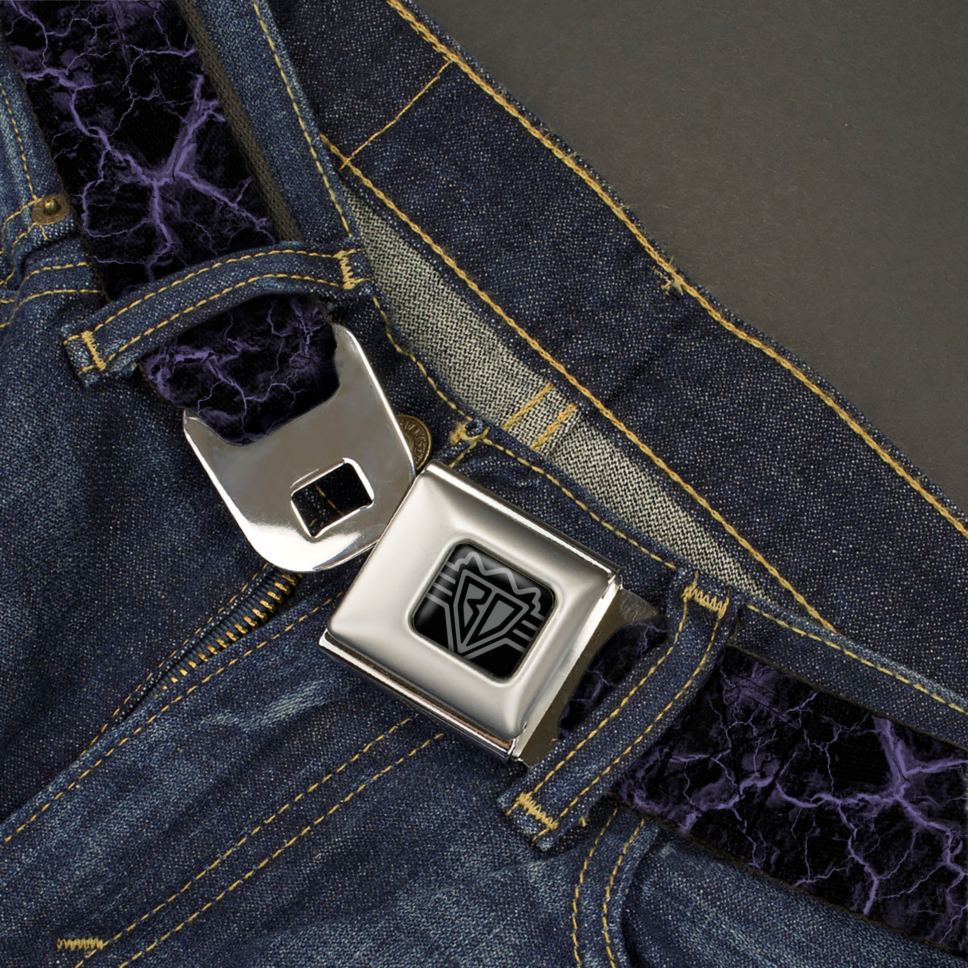 BD Wings Logo CLOSE-UP Black/Silver Seatbelt Belt - Marble Black/Purple Webbing Seatbelt Belts Buckle-Down