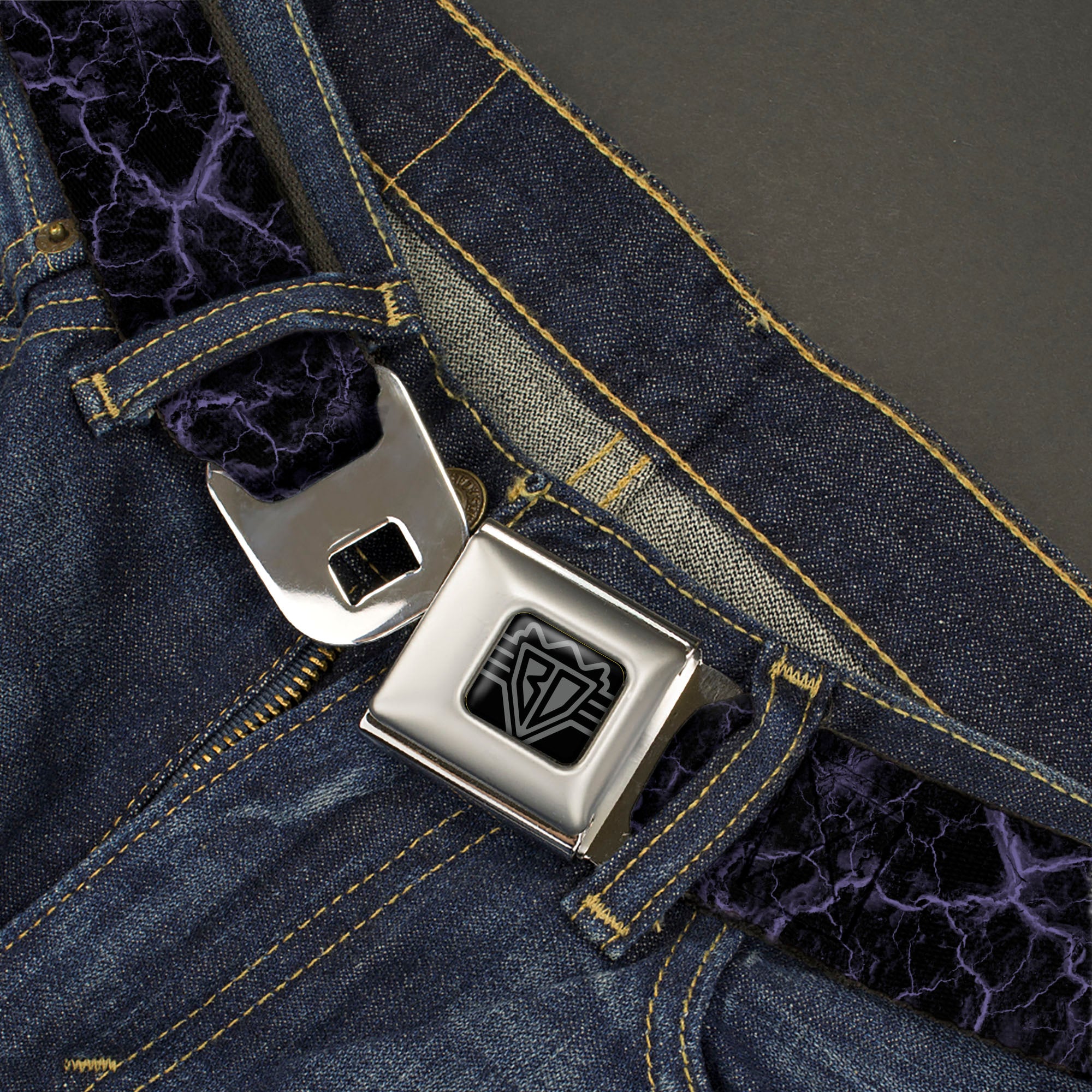 BD Wings Logo CLOSE-UP Black/Silver Seatbelt Belt - Marble Black/Purple Webbing Seatbelt Belts Buckle-Down