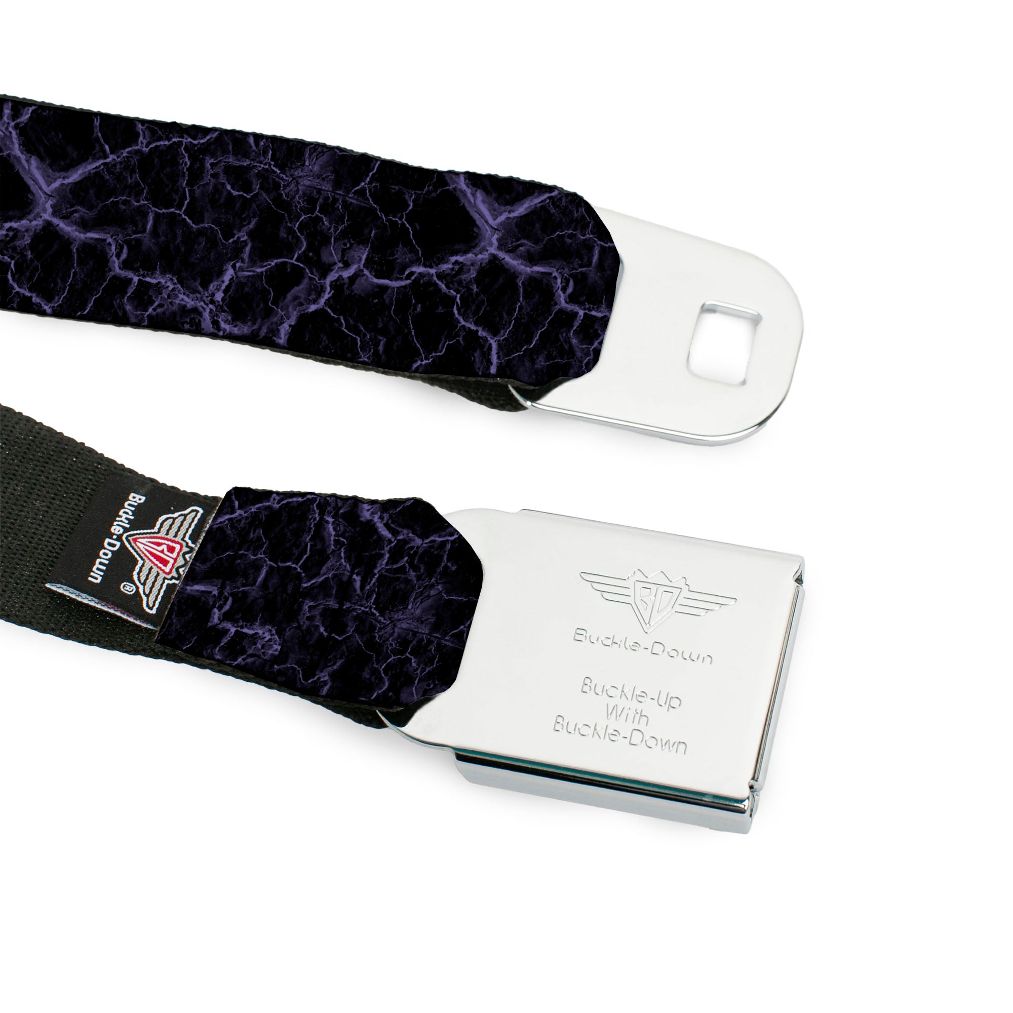 BD Wings Logo CLOSE-UP Black/Silver Seatbelt Belt - Marble Black/Purple Webbing Seatbelt Belts Buckle-Down