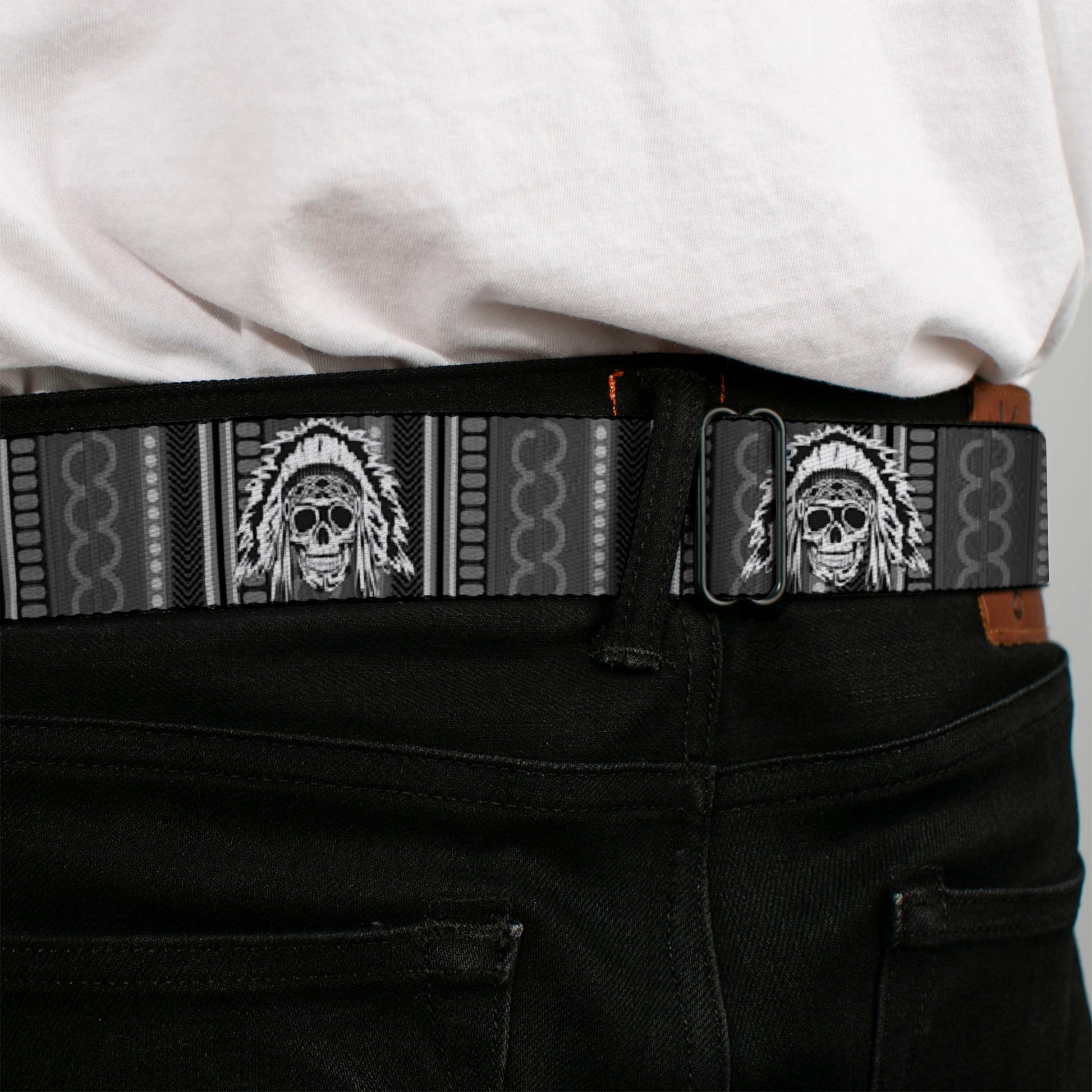 BD Wings Logo CLOSE-UP Black/Silver Seatbelt Belt - Native American Skull w/CLOSE-UP Black/Grays/White Webbing Seatbelt Belts Buckle-Down