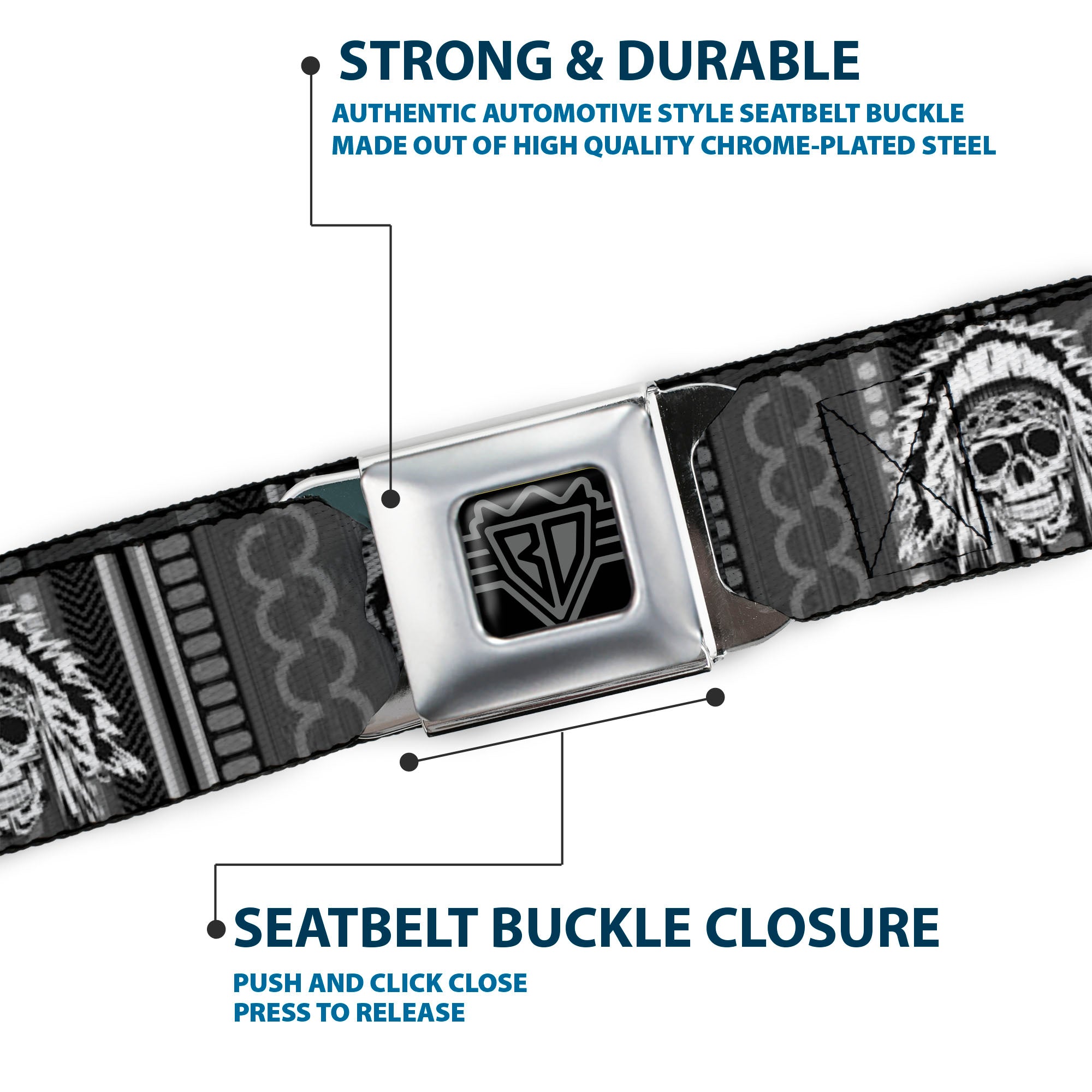 BD Wings Logo CLOSE-UP Black/Silver Seatbelt Belt - Native American Skull w/CLOSE-UP Black/Grays/White Webbing Seatbelt Belts Buckle-Down