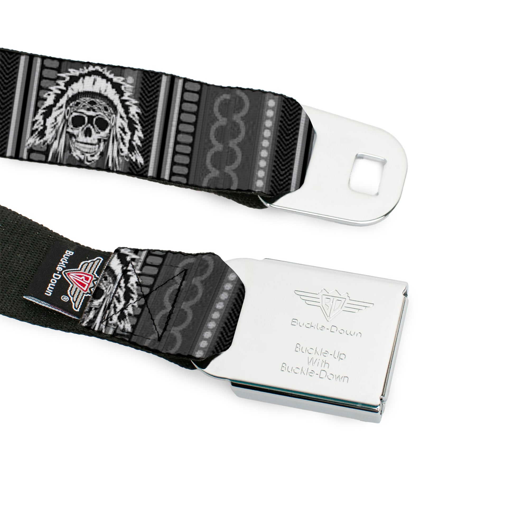BD Wings Logo CLOSE-UP Black/Silver Seatbelt Belt - Native American Skull w/CLOSE-UP Black/Grays/White Webbing Seatbelt Belts Buckle-Down