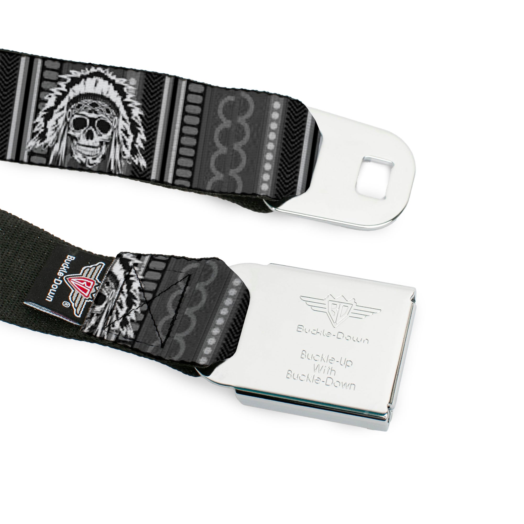 BD Wings Logo CLOSE-UP Black/Silver Seatbelt Belt - Native American Skull w/CLOSE-UP Black/Grays/White Webbing Seatbelt Belts Buckle-Down