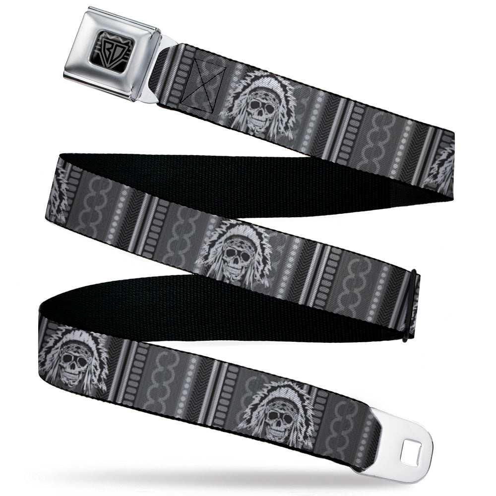 BD Wings Logo CLOSE-UP Black/Silver Seatbelt Belt - Native American Skull w/CLOSE-UP Black/Grays/White Webbing Seatbelt Belts Buckle-Down