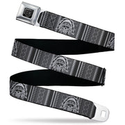 BD Wings Logo CLOSE-UP Black/Silver Seatbelt Belt - Native American Skull w/CLOSE-UP Black/Grays/White Webbing Seatbelt Belts Buckle-Down