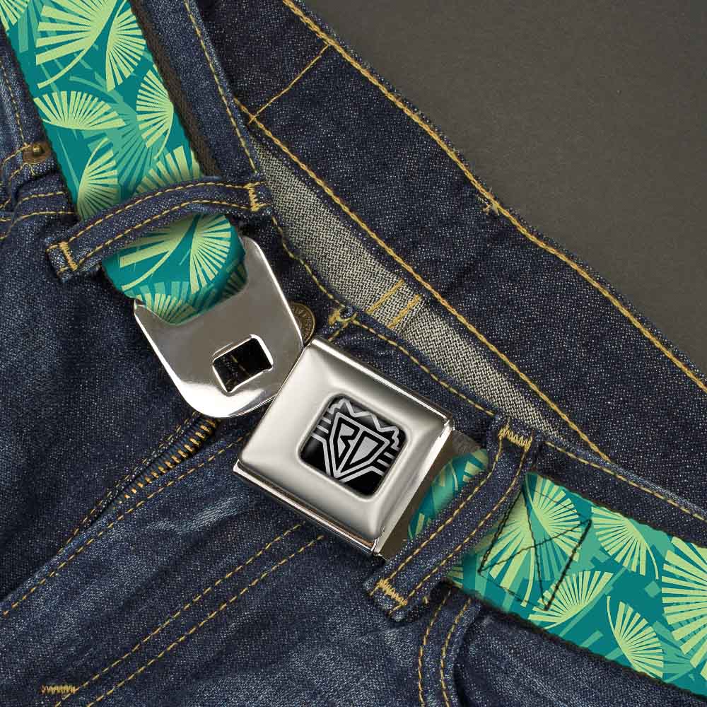 BD Wings Logo CLOSE-UP Full Color Black Silver Seatbelt Belt - Palm Leaves Stacked Pastel Greens Webbing Seatbelt Belts Buckle-Down