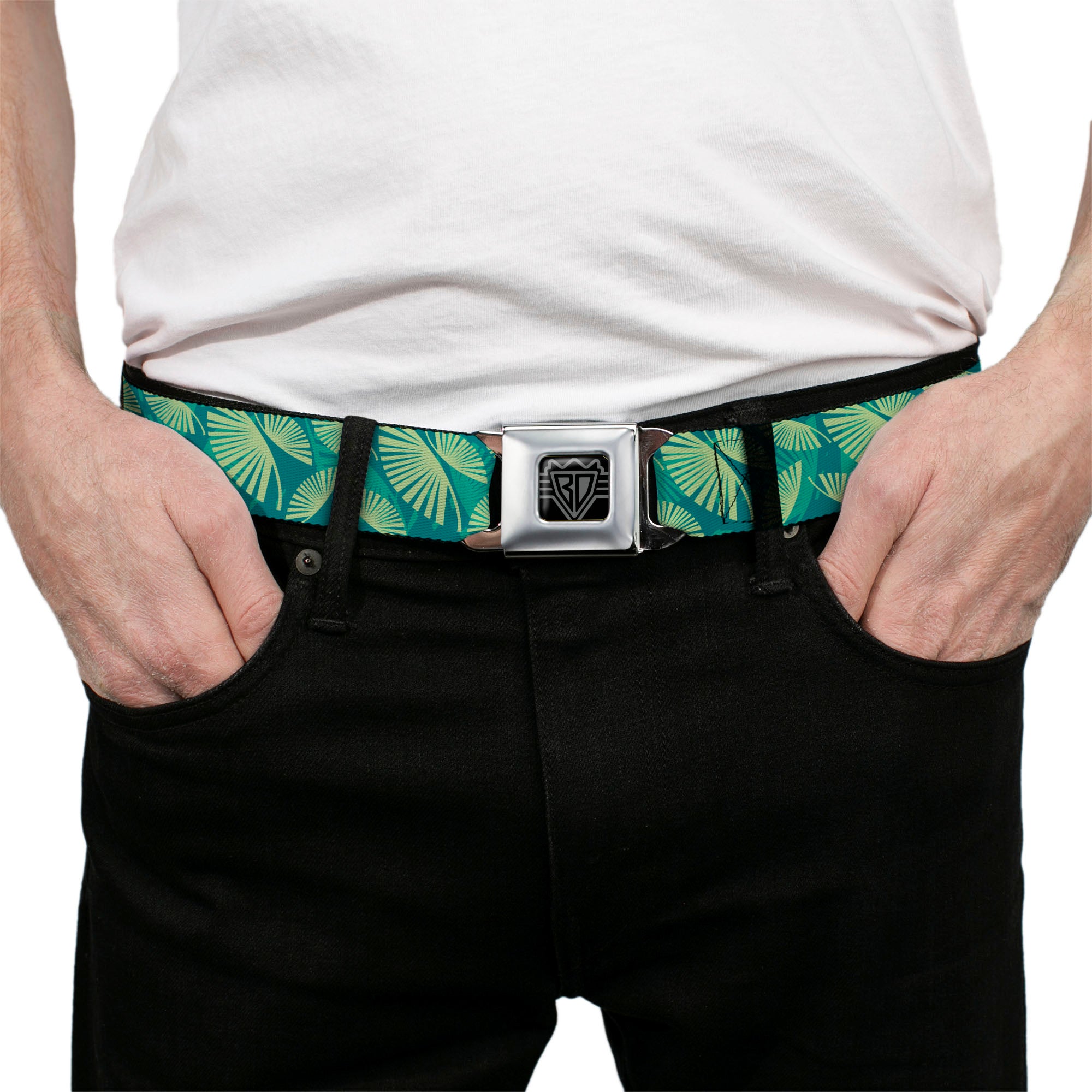 BD Wings Logo CLOSE-UP Full Color Black Silver Seatbelt Belt - Palm Leaves Stacked Pastel Greens Webbing Seatbelt Belts Buckle-Down