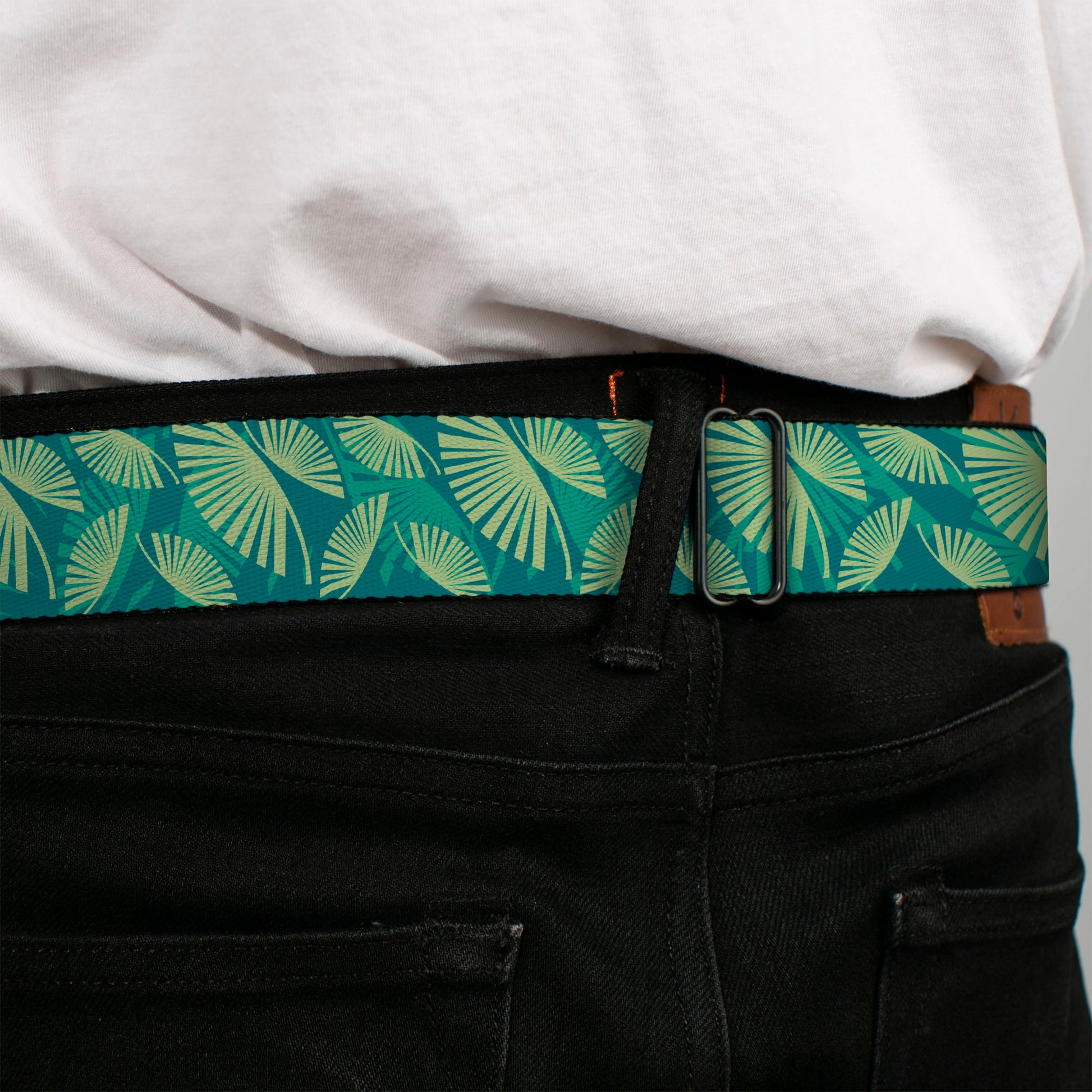 BD Wings Logo CLOSE-UP Full Color Black Silver Seatbelt Belt - Palm Leaves Stacked Pastel Greens Webbing Seatbelt Belts Buckle-Down