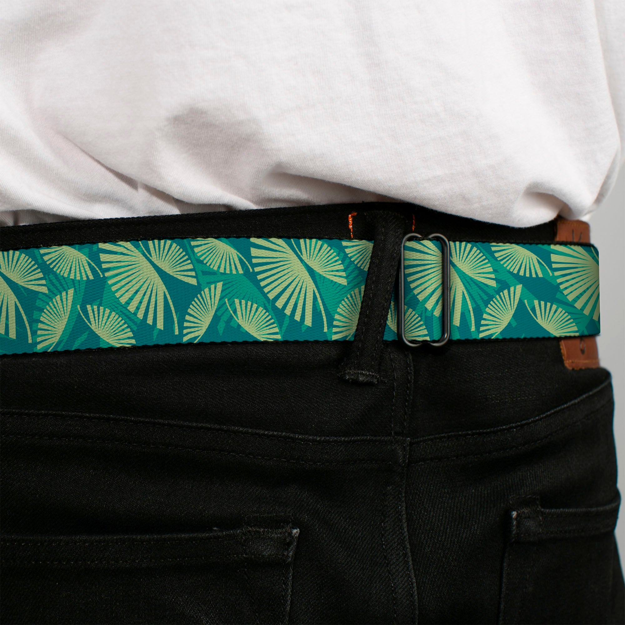 BD Wings Logo CLOSE-UP Full Color Black Silver Seatbelt Belt - Palm Leaves Stacked Pastel Greens Webbing Seatbelt Belts Buckle-Down