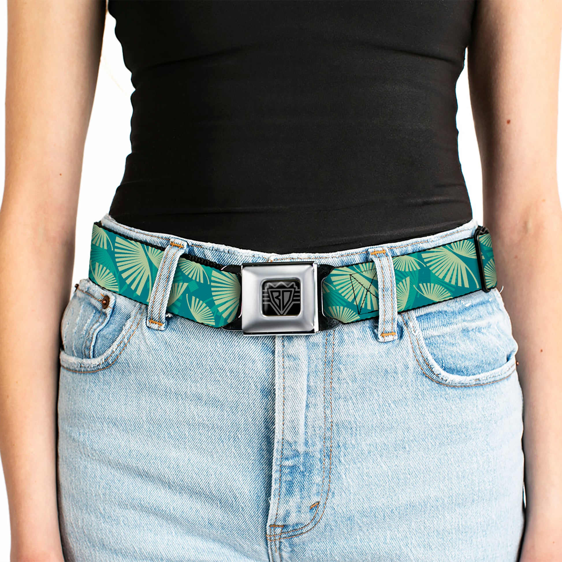 BD Wings Logo CLOSE-UP Full Color Black Silver Seatbelt Belt - Palm Leaves Stacked Pastel Greens Webbing Seatbelt Belts Buckle-Down