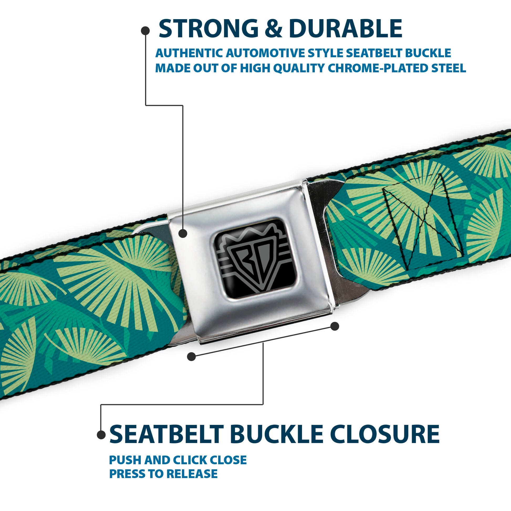 BD Wings Logo CLOSE-UP Full Color Black Silver Seatbelt Belt - Palm Leaves Stacked Pastel Greens Webbing Seatbelt Belts Buckle-Down