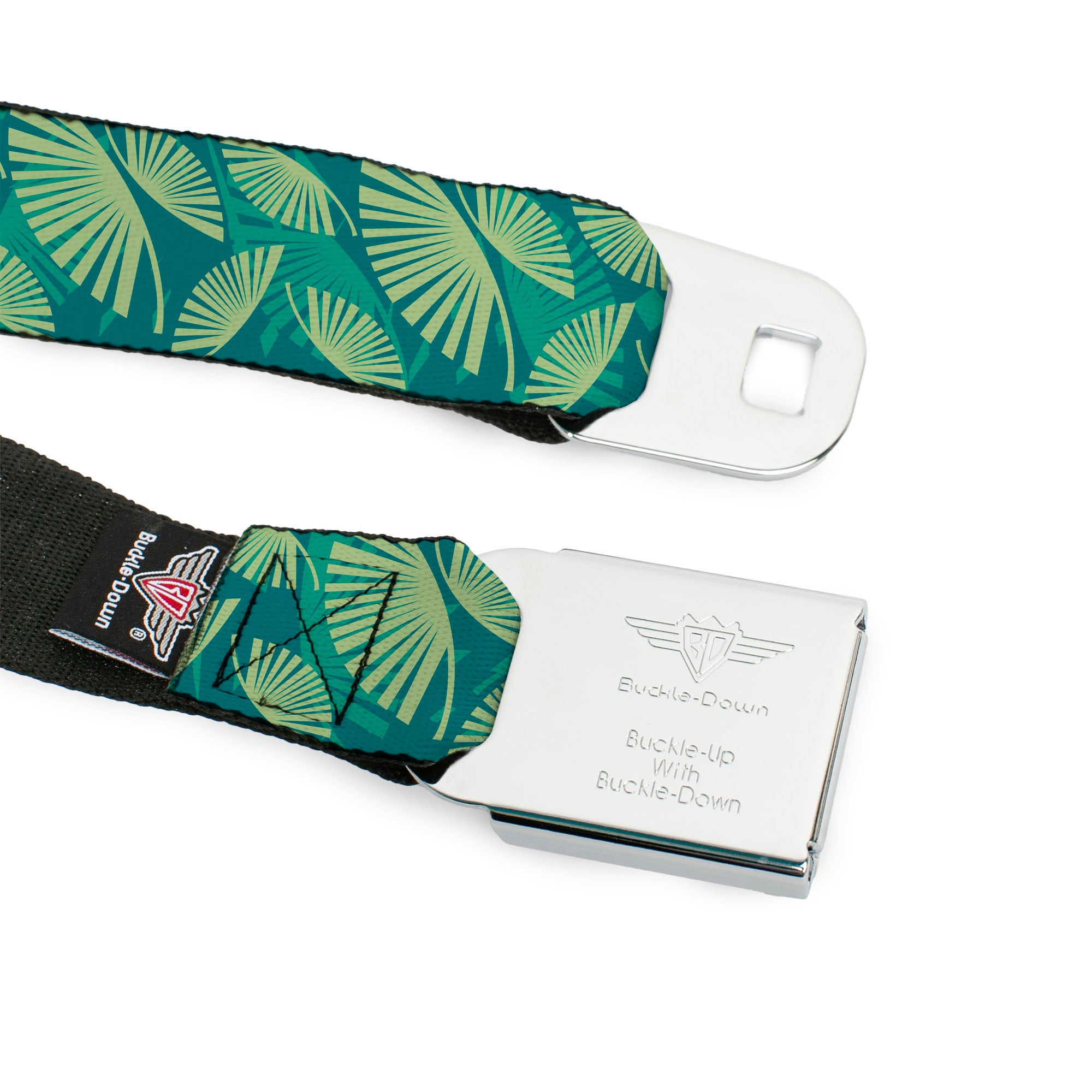 BD Wings Logo CLOSE-UP Full Color Black Silver Seatbelt Belt - Palm Leaves Stacked Pastel Greens Webbing Seatbelt Belts Buckle-Down