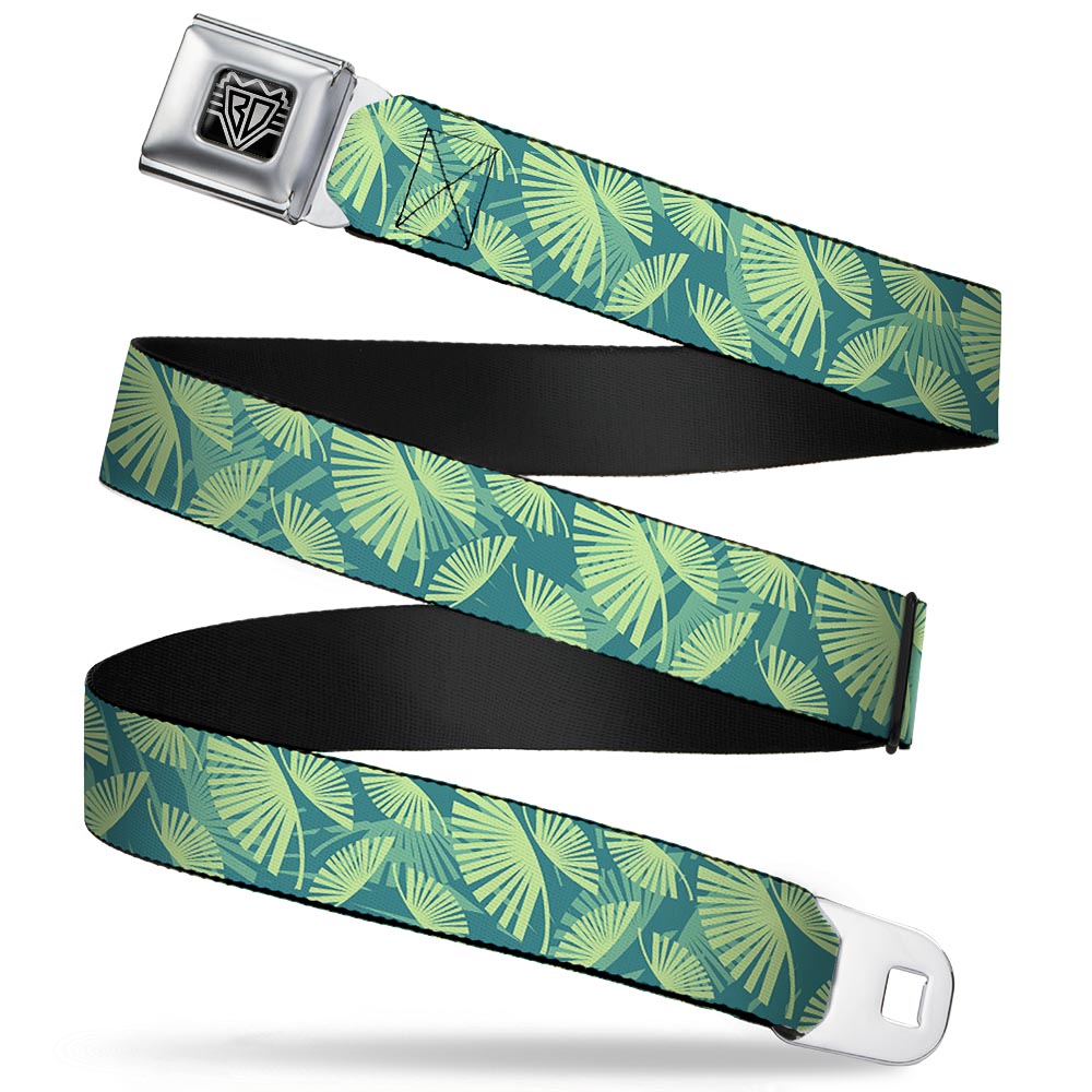 BD Wings Logo CLOSE-UP Full Color Black Silver Seatbelt Belt - Palm Leaves Stacked Pastel Greens Webbing Seatbelt Belts Buckle-Down