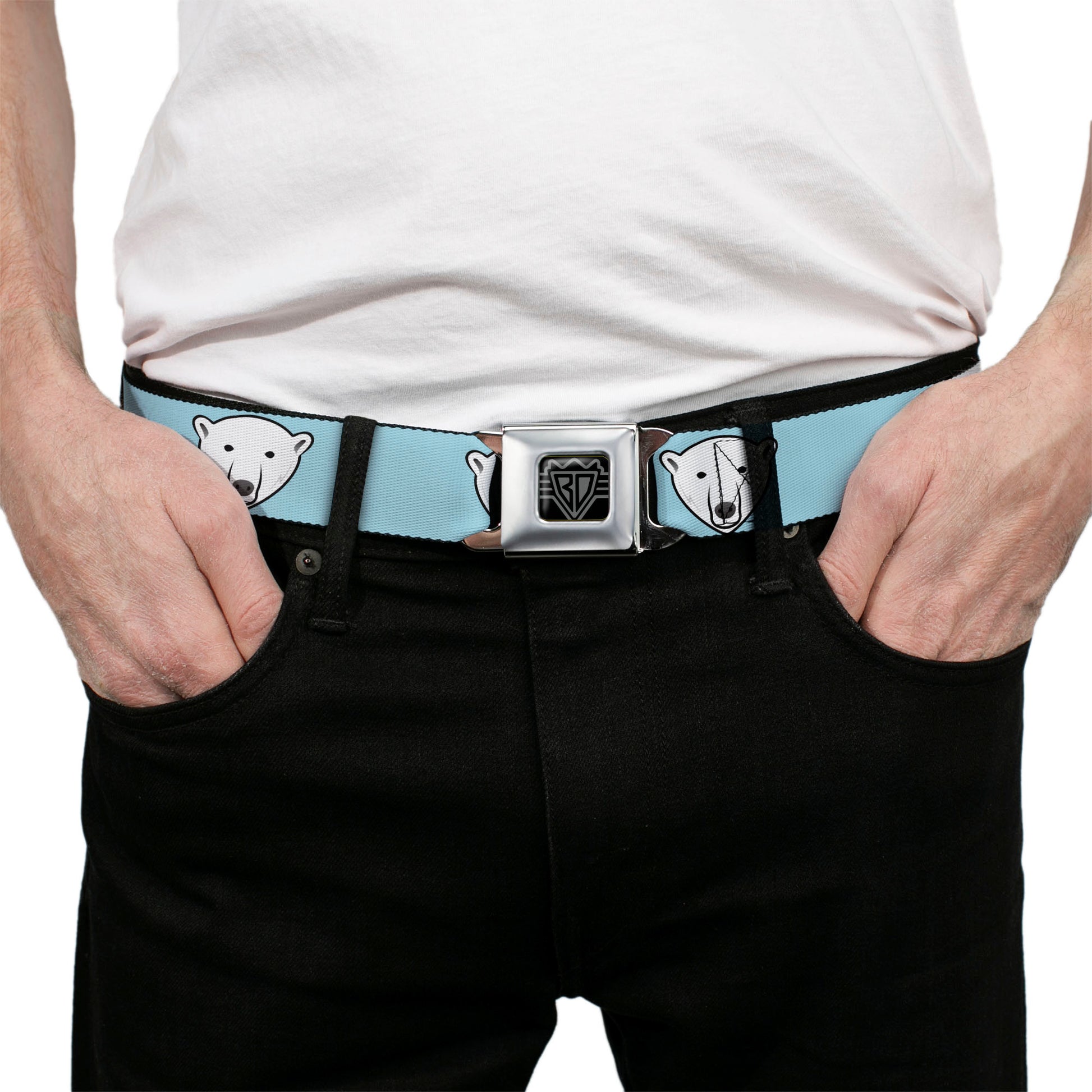 BD Wings Logo CLOSE-UP Full Color Black Silver Seatbelt Belt - Polar Bear Repeat Baby Blue Webbing Seatbelt Belts Buckle-Down