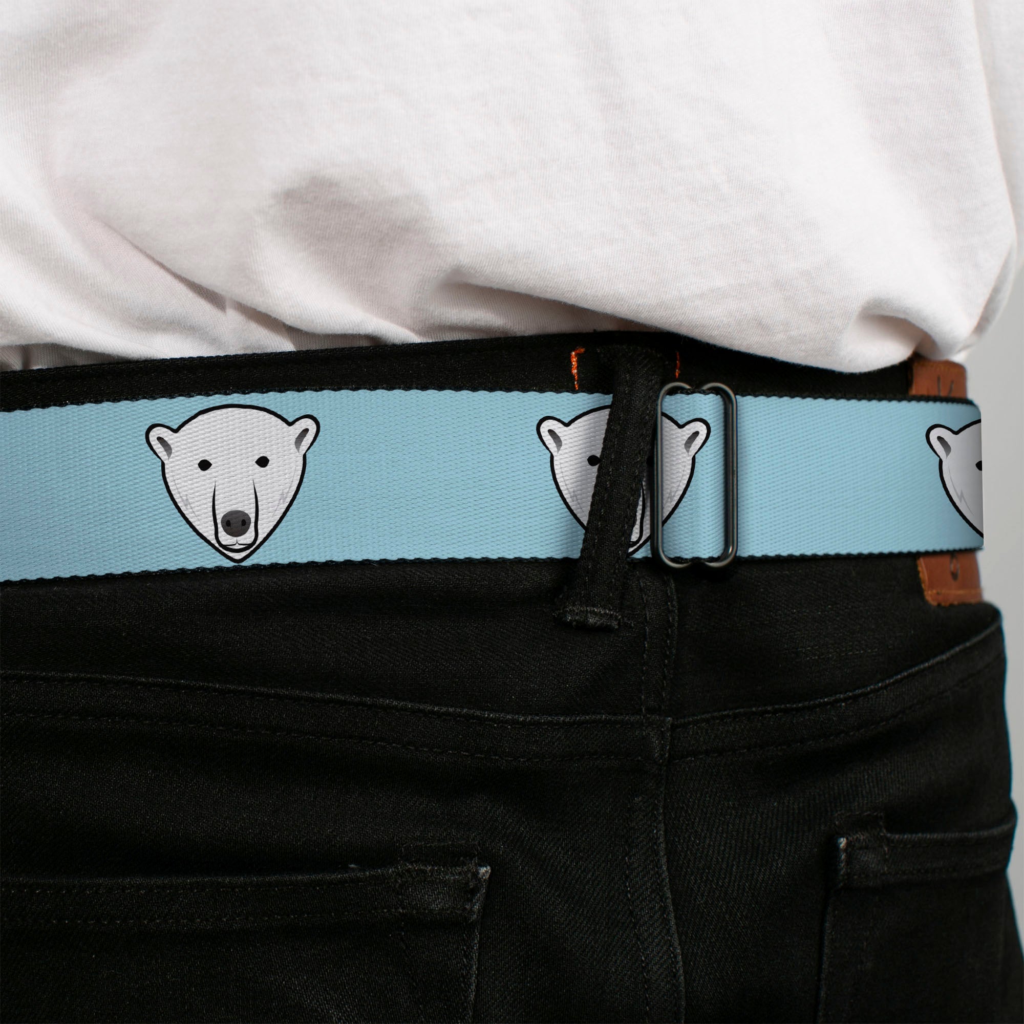 BD Wings Logo CLOSE-UP Full Color Black Silver Seatbelt Belt - Polar Bear Repeat Baby Blue Webbing Seatbelt Belts Buckle-Down