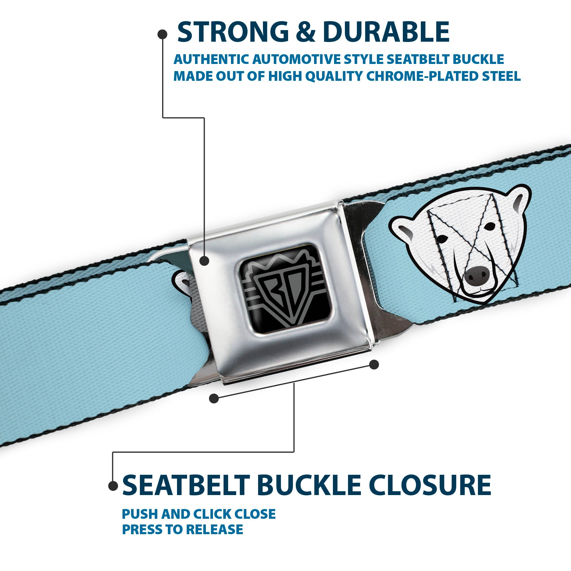 BD Wings Logo CLOSE-UP Full Color Black Silver Seatbelt Belt - Polar Bear Repeat Baby Blue Webbing Seatbelt Belts Buckle-Down