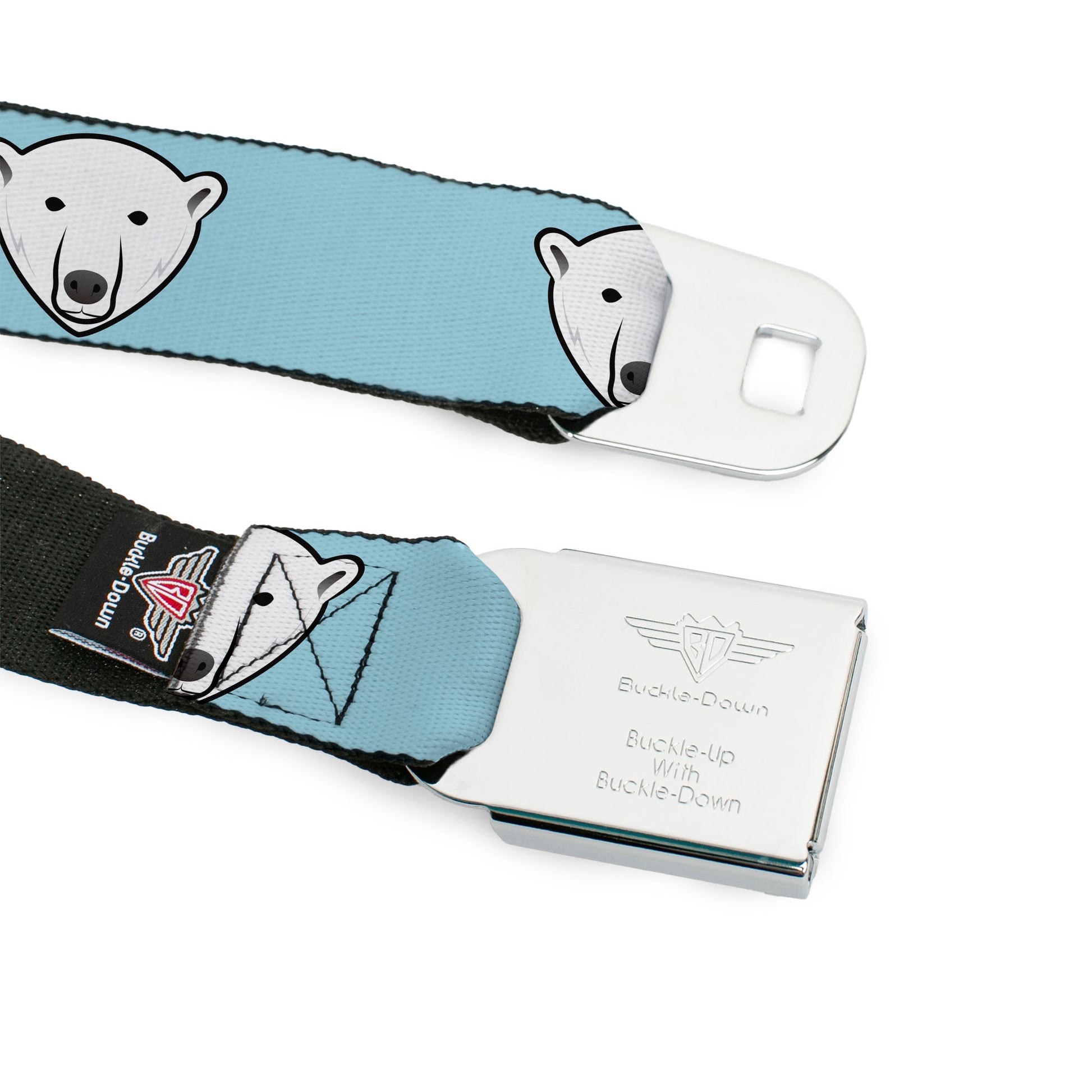 BD Wings Logo CLOSE-UP Full Color Black Silver Seatbelt Belt - Polar Bear Repeat Baby Blue Webbing Seatbelt Belts Buckle-Down