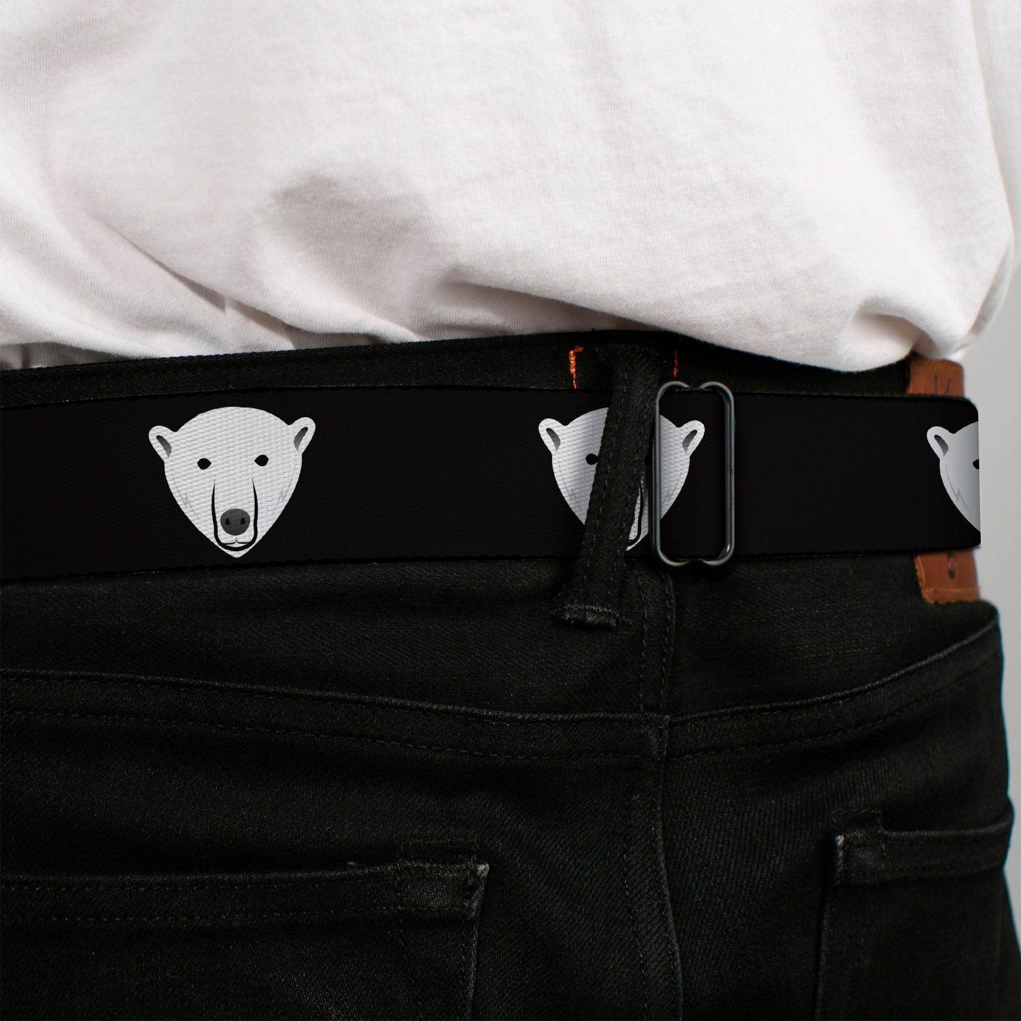 BD Wings Logo CLOSE-UP Full Color Black Silver Seatbelt Belt - Polar Bear Repeat Black Webbing Seatbelt Belts Buckle-Down
