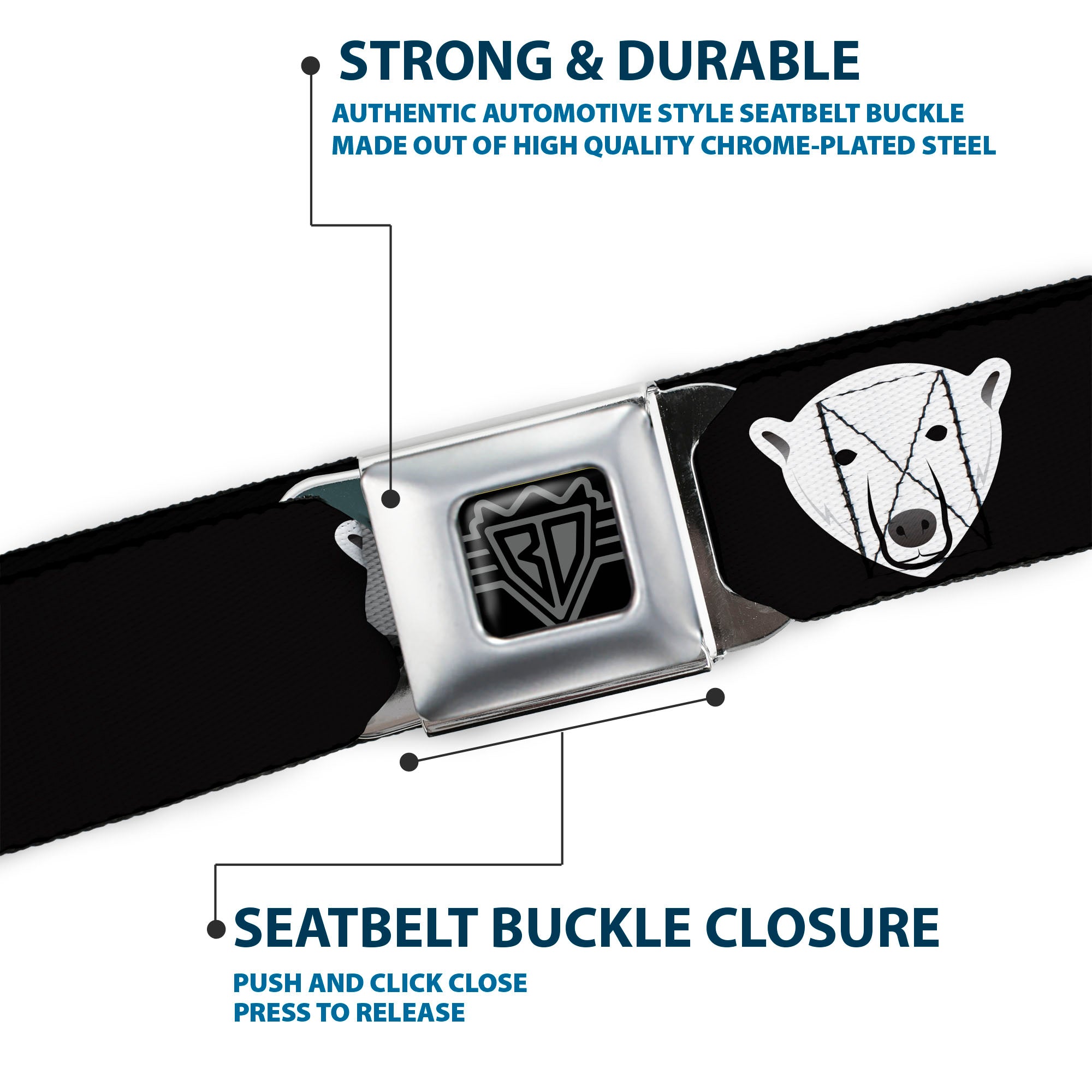 BD Wings Logo CLOSE-UP Full Color Black Silver Seatbelt Belt - Polar Bear Repeat Black Webbing Seatbelt Belts Buckle-Down