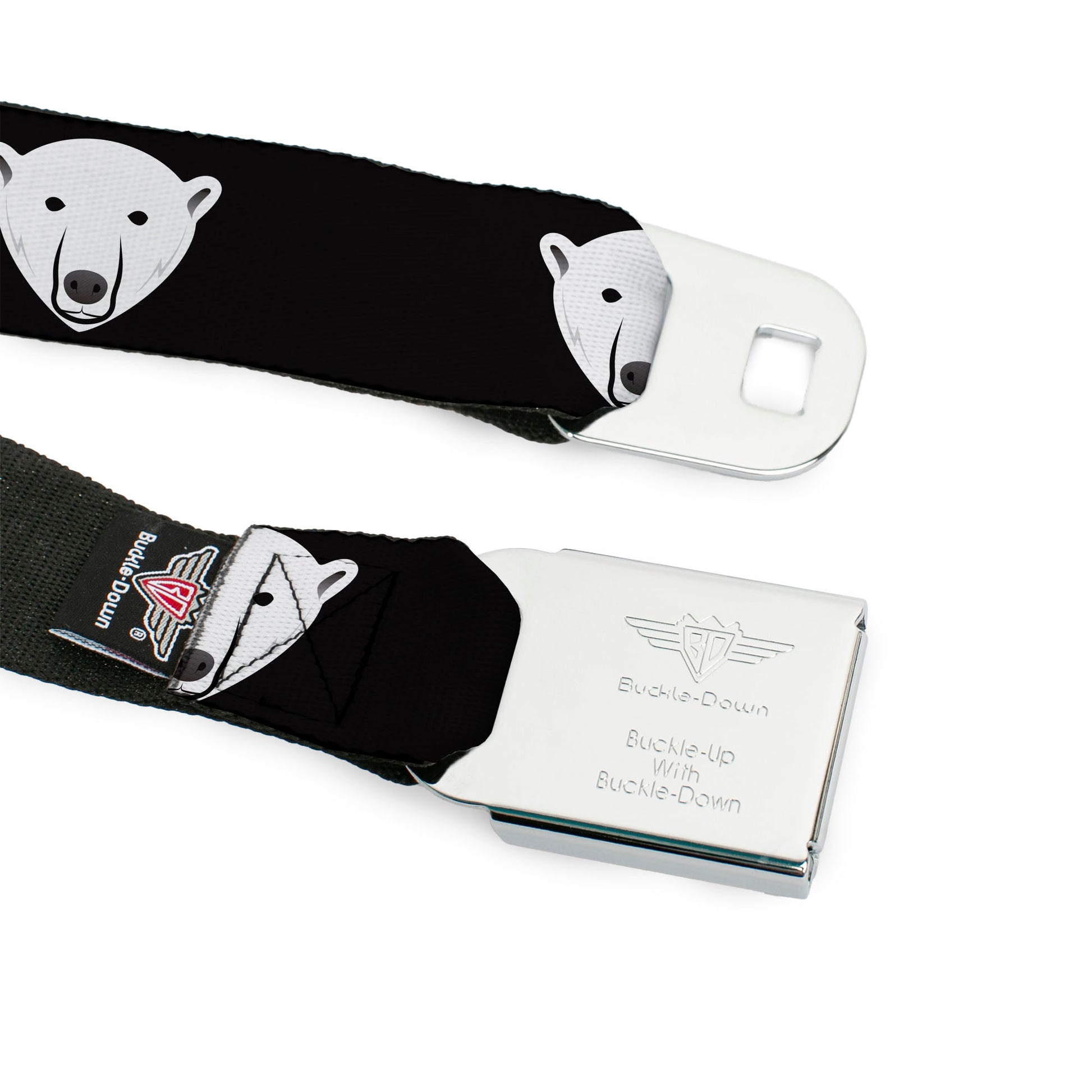 BD Wings Logo CLOSE-UP Full Color Black Silver Seatbelt Belt - Polar Bear Repeat Black Webbing Seatbelt Belts Buckle-Down
