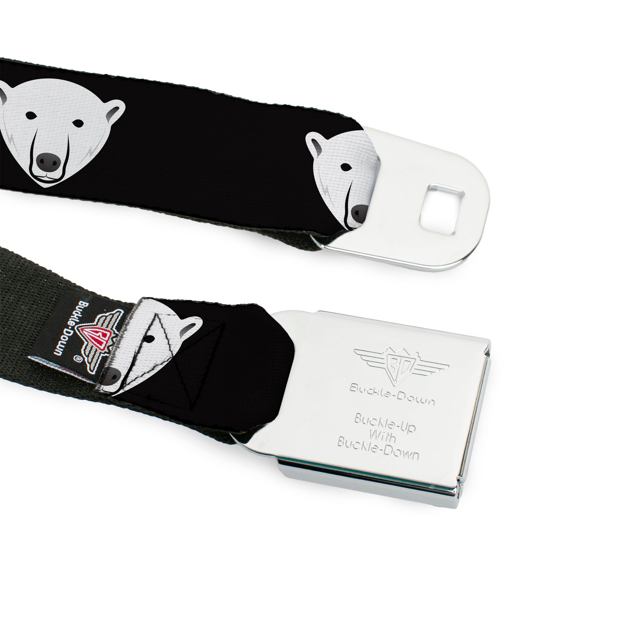 BD Wings Logo CLOSE-UP Full Color Black Silver Seatbelt Belt - Polar Bear Repeat Black Webbing Seatbelt Belts Buckle-Down