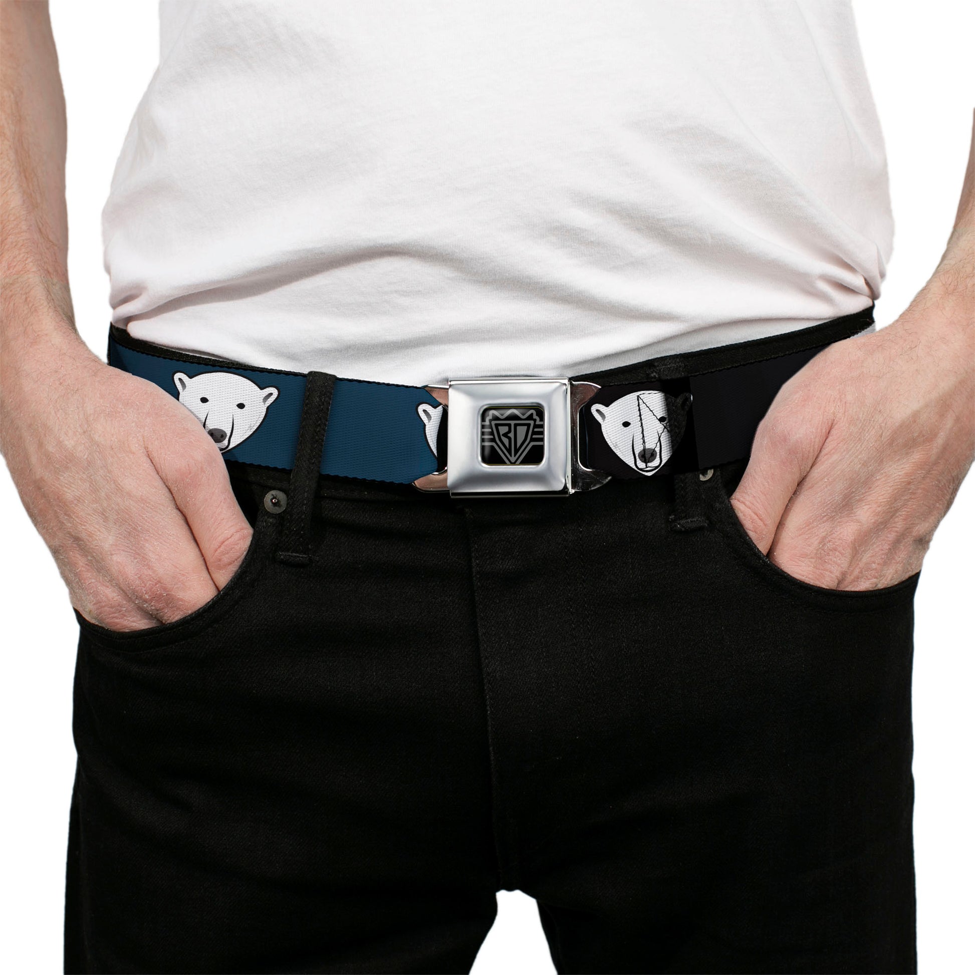 BD Wings Logo CLOSE-UP Full Color Black Silver Seatbelt Belt - Polar Bear Repeat Black/Blue Fade Webbing Seatbelt Belts Buckle-Down