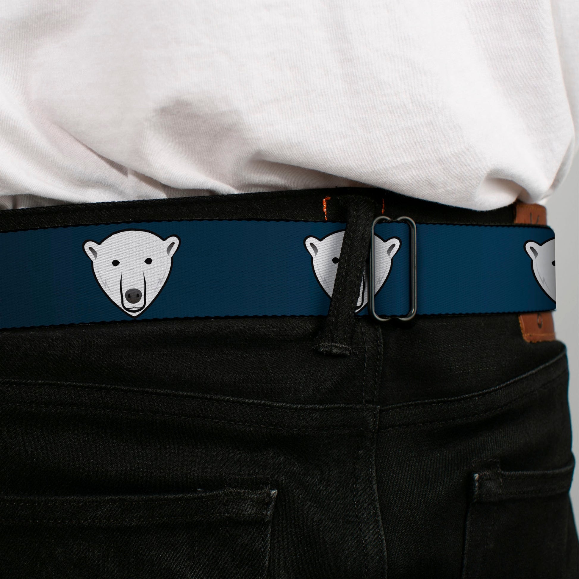 BD Wings Logo CLOSE-UP Full Color Black Silver Seatbelt Belt - Polar Bear Repeat Black/Blue Fade Webbing Seatbelt Belts Buckle-Down
